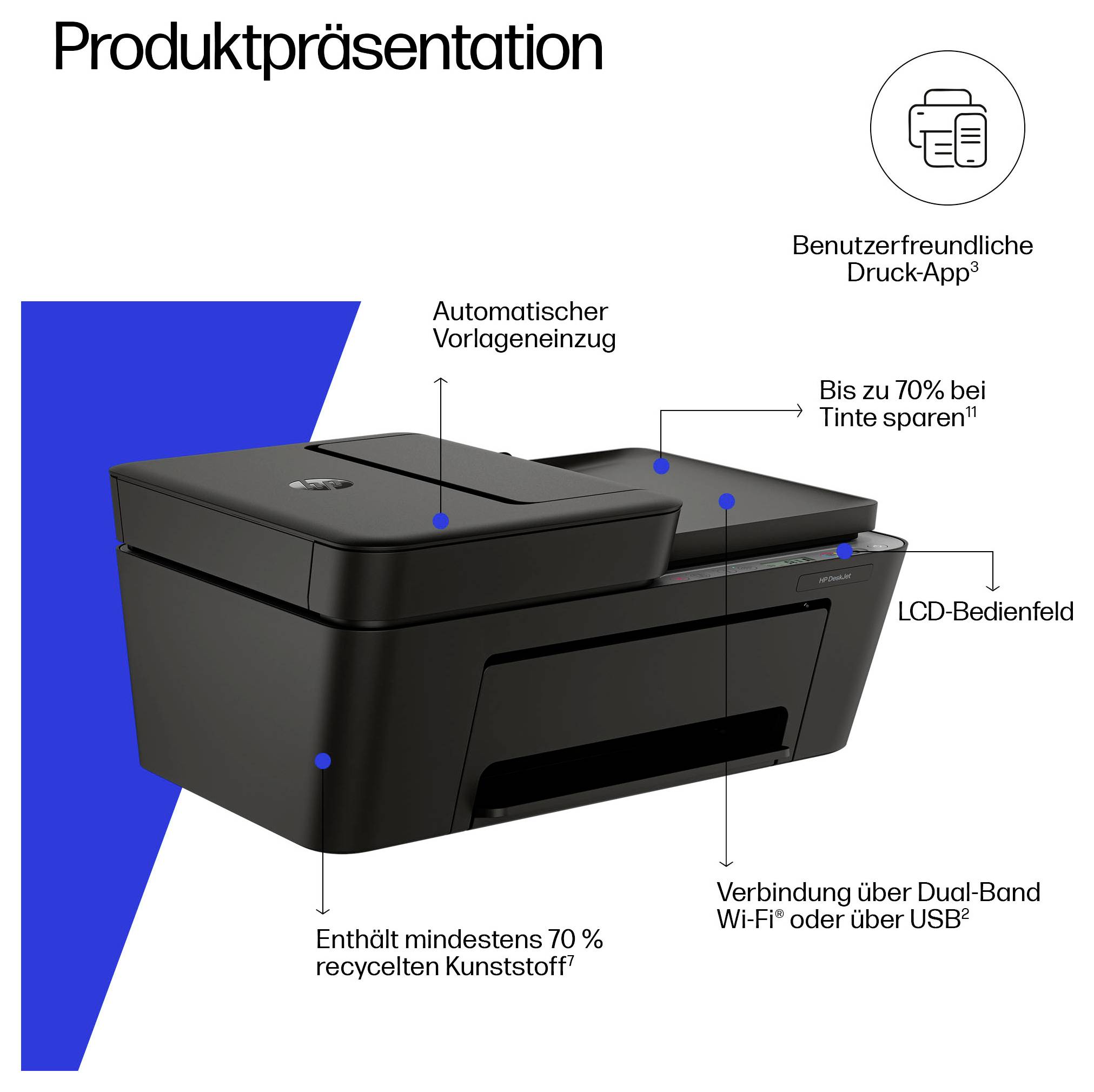 Schwarzer Multifunktionsdrucker mit Beschriftungen für automatischen Dokumenteinzug, LCD-Bedienfeld, Dual-Band-Wi-Fi oder USB und bis zu 70% Tinteneinsparungen; hergestellt aus mindestens 70% recyceltem Kunststoff.