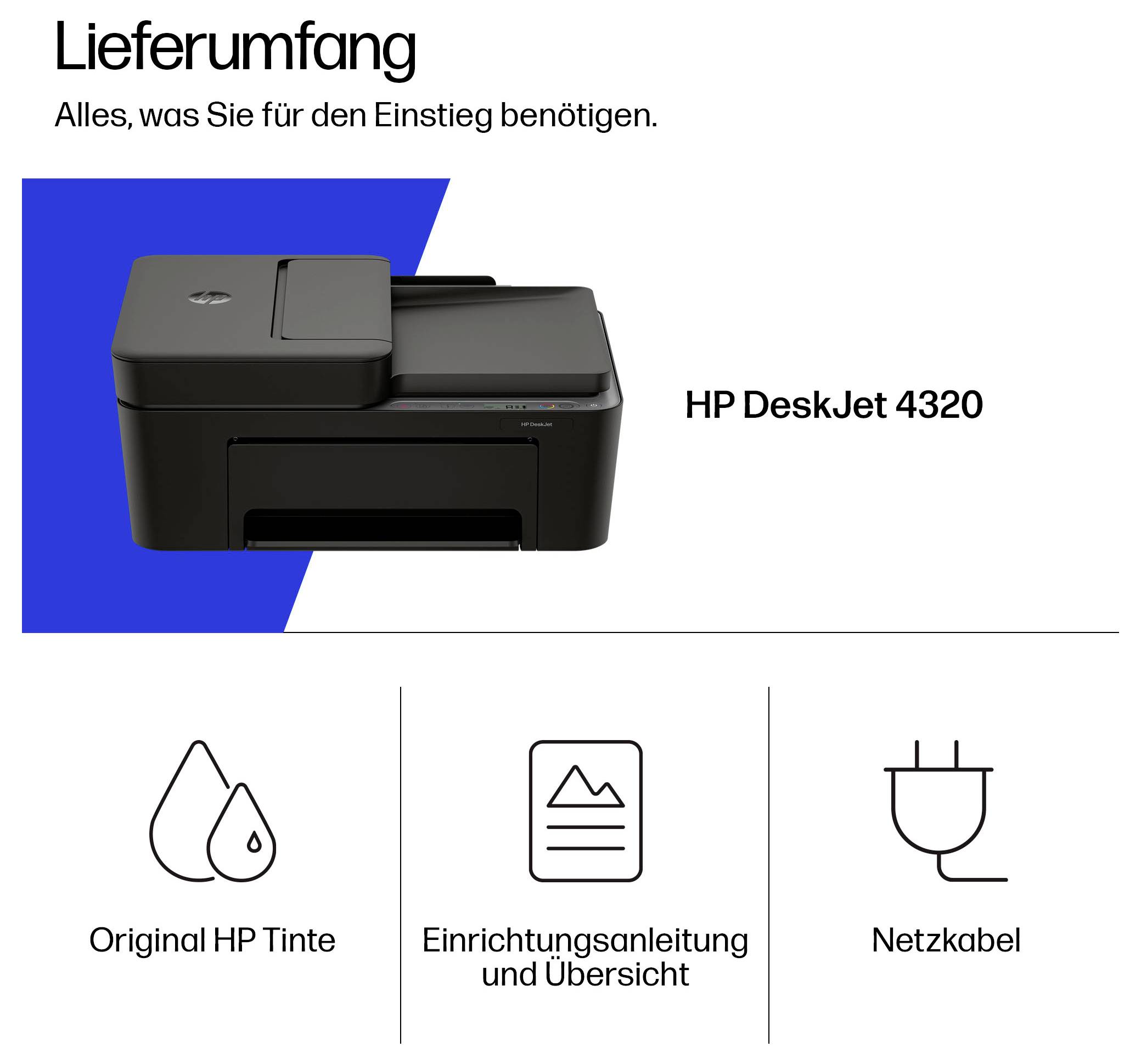 HP DeskJet 4320 Druckerpaketinhalt: Drucker, original HP Tinte, Installationsanleitung und Stromkabel.