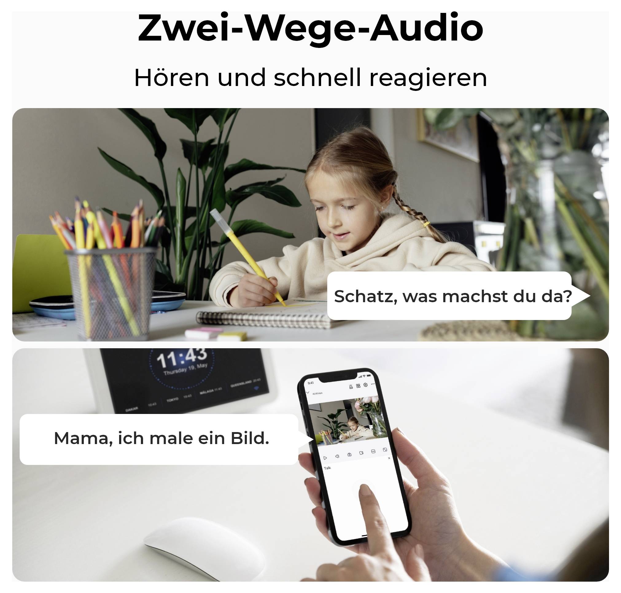 Werbung für Zwei-Wege-Audio: Ein Kind sagt per Sprechblase 'Schatz, was machst du?' und antwortet per Smartphone 'Mama, ich male ein Bild.'