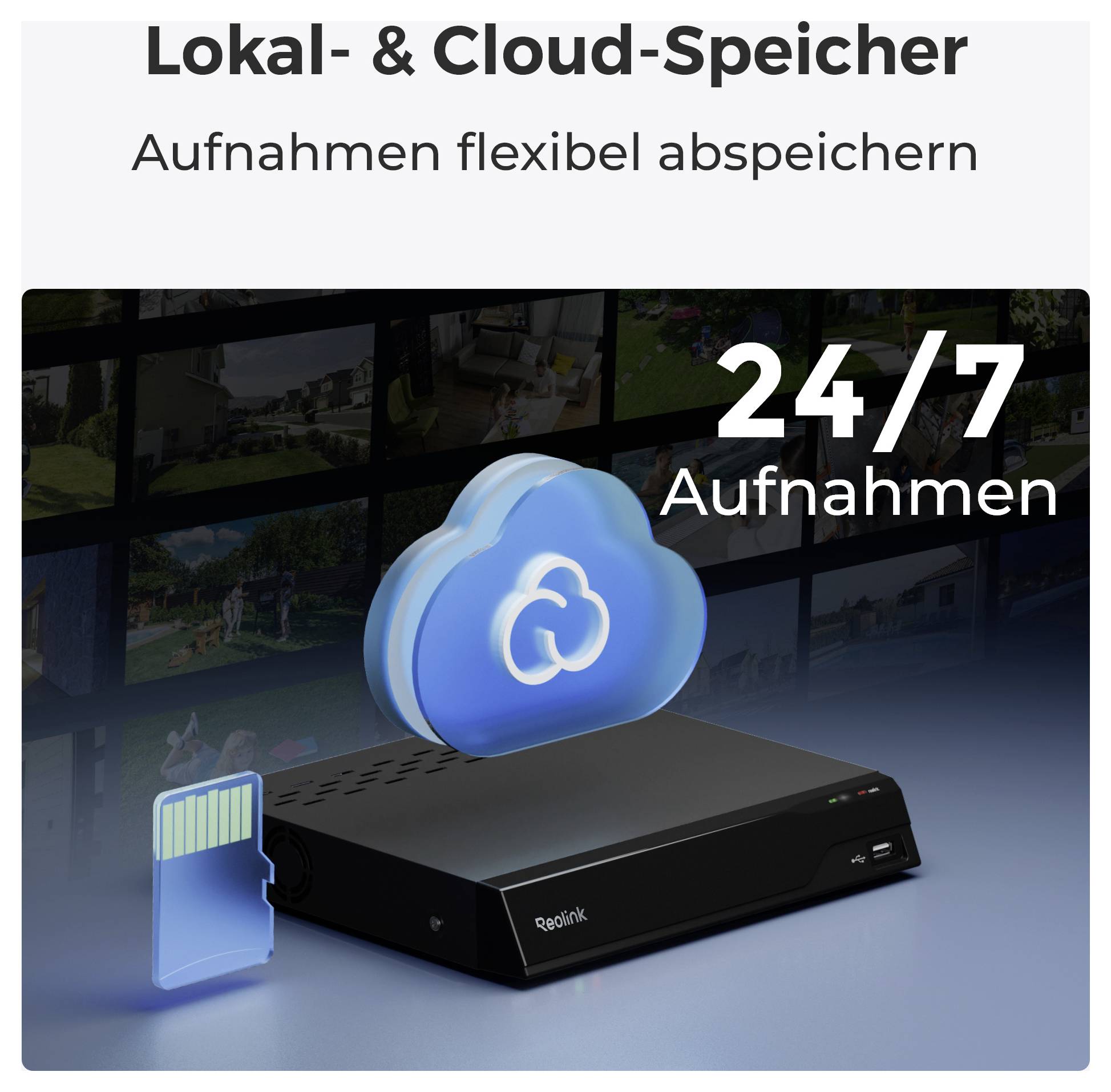 Grafik zu Lokal- und Cloud-Speicher: Reolink-Gerät speichert Aufnahmen flexibel lokal per SD-Karte und in der Cloud, mit 24/7-Aufnahmen.