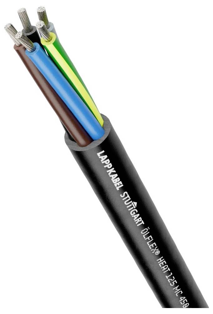 Ein schwarzes Kabel mit blauen, grün-gelben und braunen Adern am Ende, gekennzeichnet mit 'LAPPKABEL STUTTGART ÖLFLEX® HEAT 125-M-1.5'.