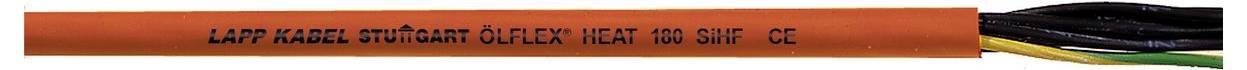 Ein orangefarbenes isoliertes elektrisches Kabel mit der Beschriftung 'LAPP KABEL', bei dem mehrere innere Leitungen freigelegt sind, darunter grüne, gelbe und schwarze Drähte.