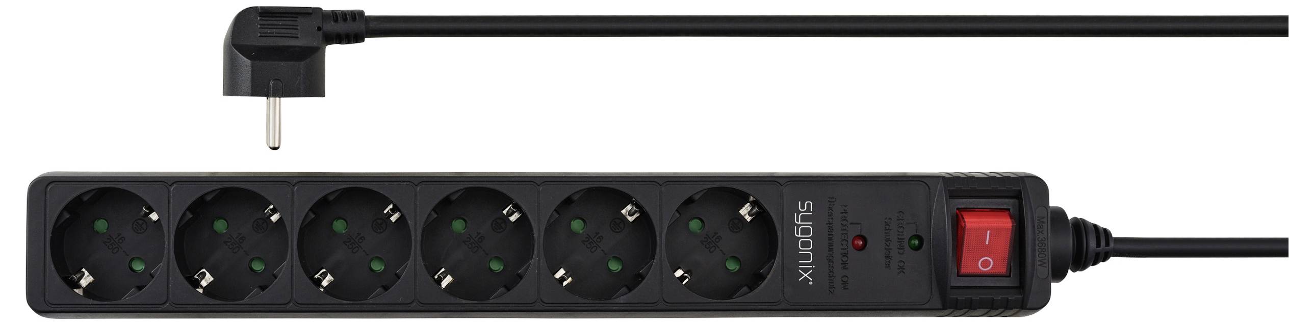Ein schwarzes Steckdosenleiste mit fünf Steckdosen, einem roten Netzschalter und einem abgewinkelten Stecker.