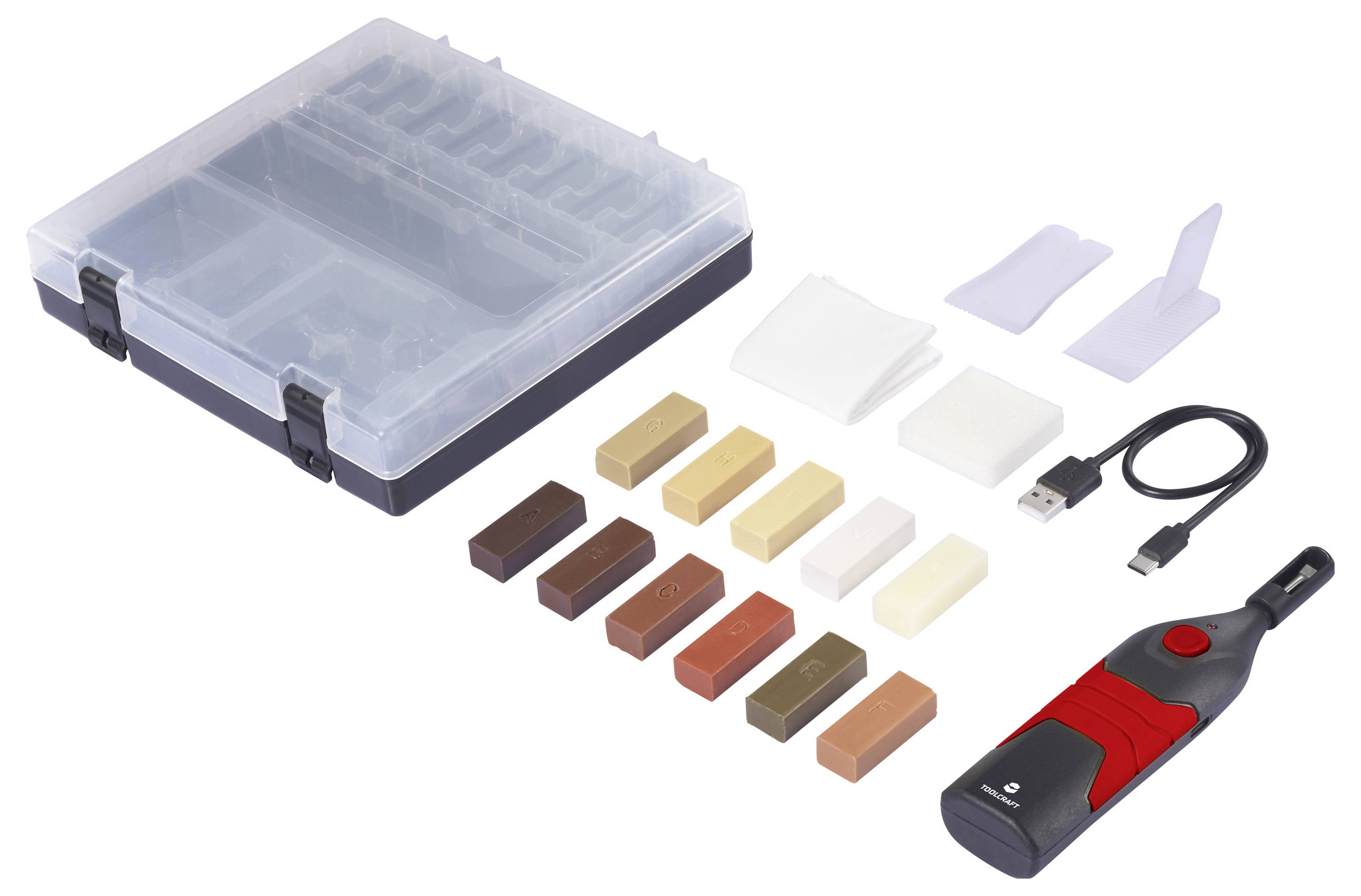 Ein Holzreparatur-Set bestehend aus einem USB-Ladewerkzeug, Wachsblöcken in verschiedenen Farben, Applikatorpads und einer Aufbewahrungsbox.