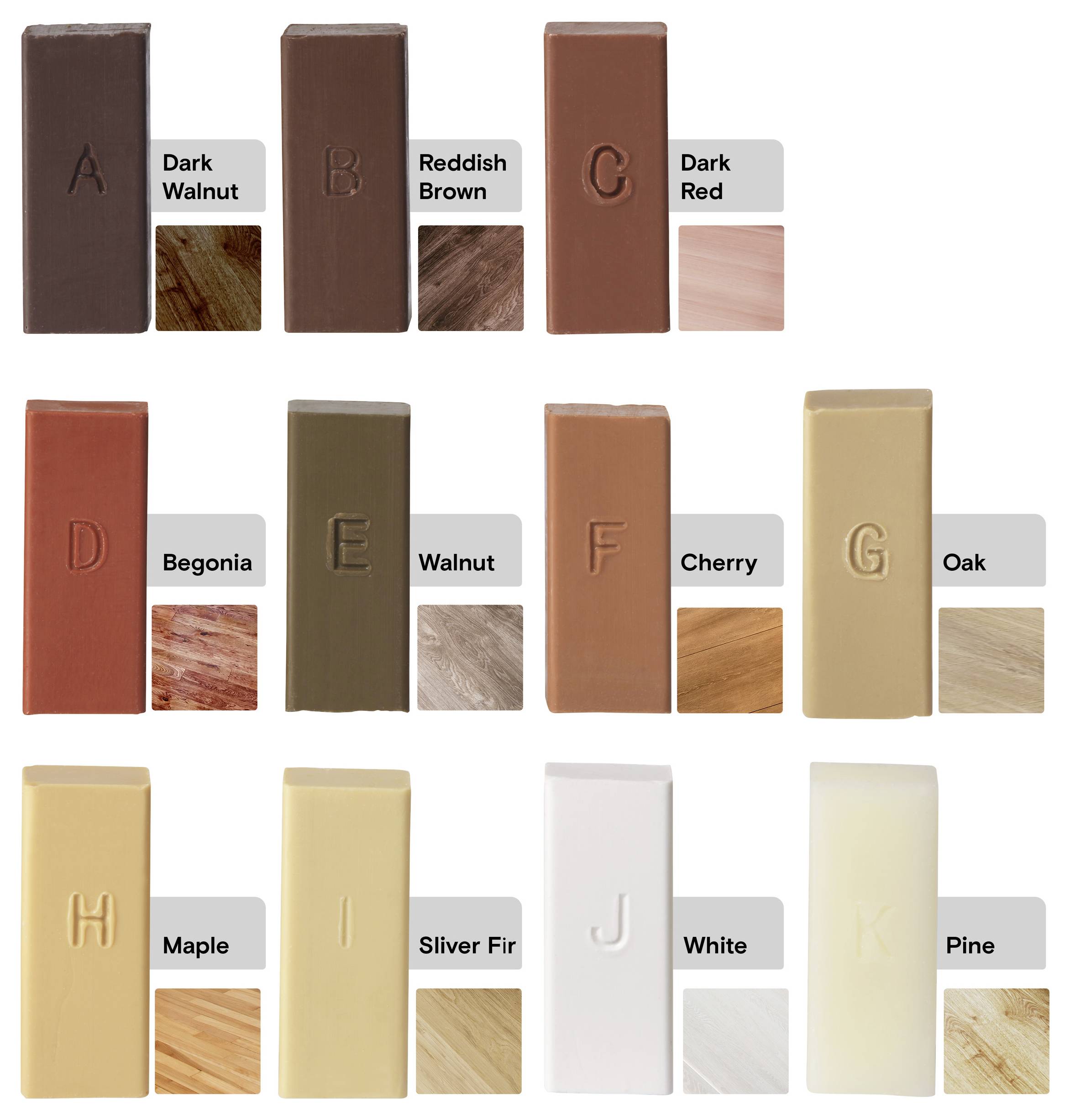 Farbmuster für Möbelreparatur: A) Dunkelnuss, B) Rötlichbraun, C) Dunkelrot, D) Begonie, E) Nuss, F) Kirsche, G) Eiche, H) Ahorn, I) Silbertanne, J) Weiß, K) Kiefer.