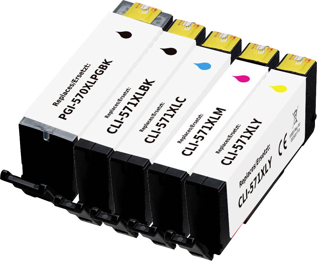 Vier Canon-Druckerpatronen, schwarz, schwarz, cyan, magenta und gelb, mit den Bezeichnungen PGI-570XLPGBK und CLI-571XL Serie.