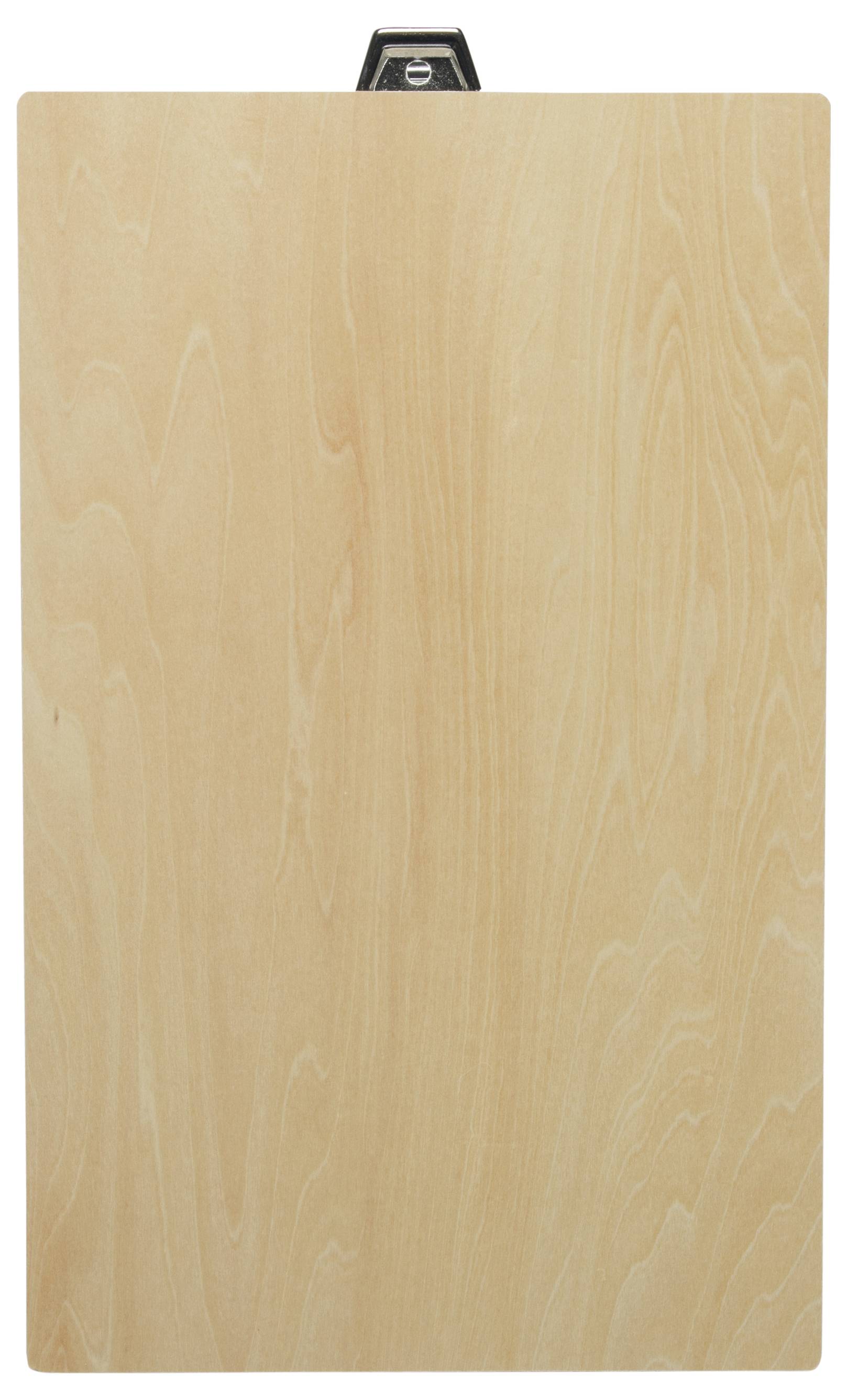 Ein Klemmbrett aus Holz mit einer Metallklammer an der Oberseite, konzipiert zum Festhalten von Papieren. Die Oberfläche weist eine glatte, natürliche Holzmaserung auf.