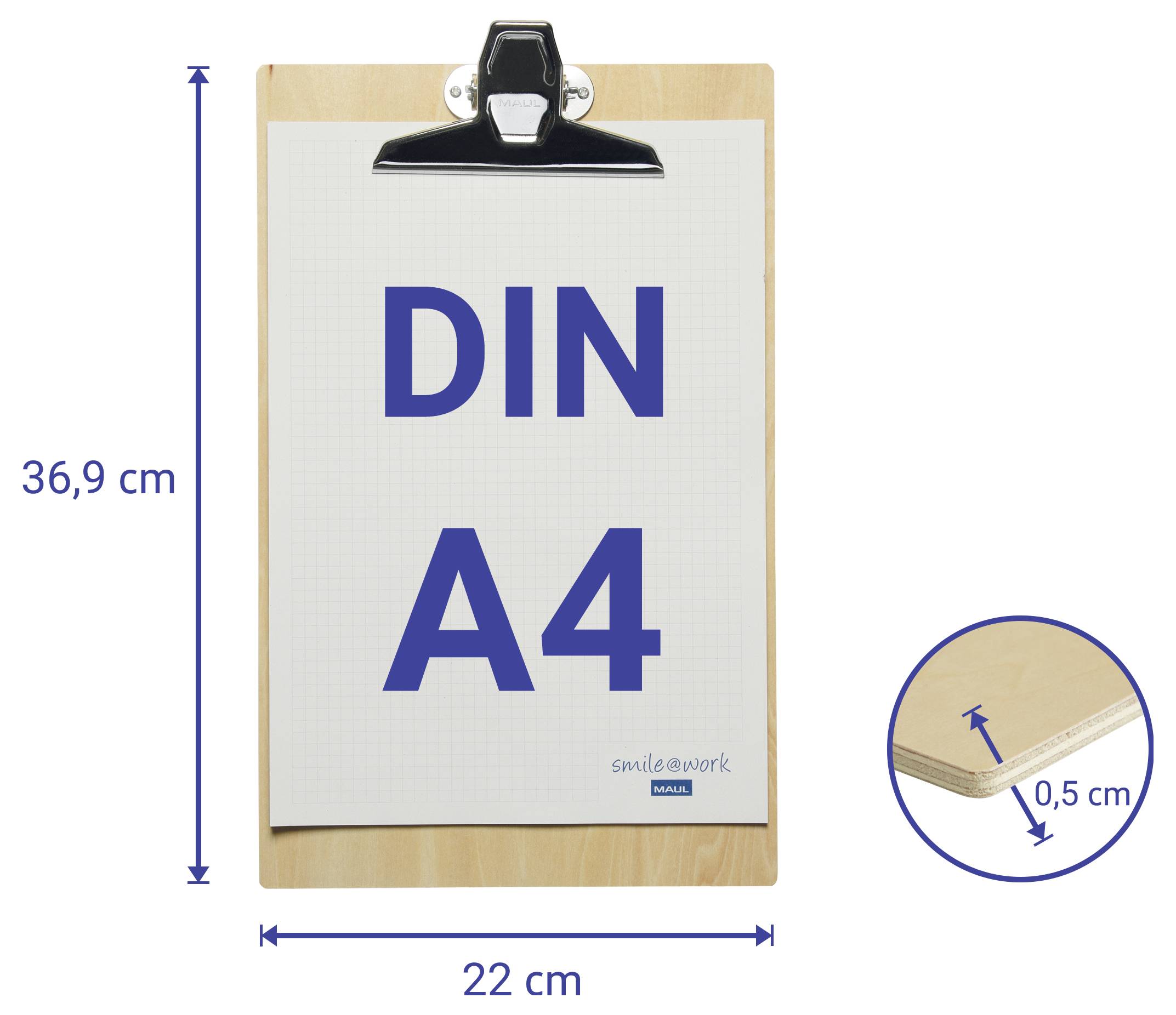 Eine Zwischenablage, die ein A4-Papierformat mit Abmessungen von 22 cm x 36,9 cm und einer Dicke von 0,5 cm zeigt.