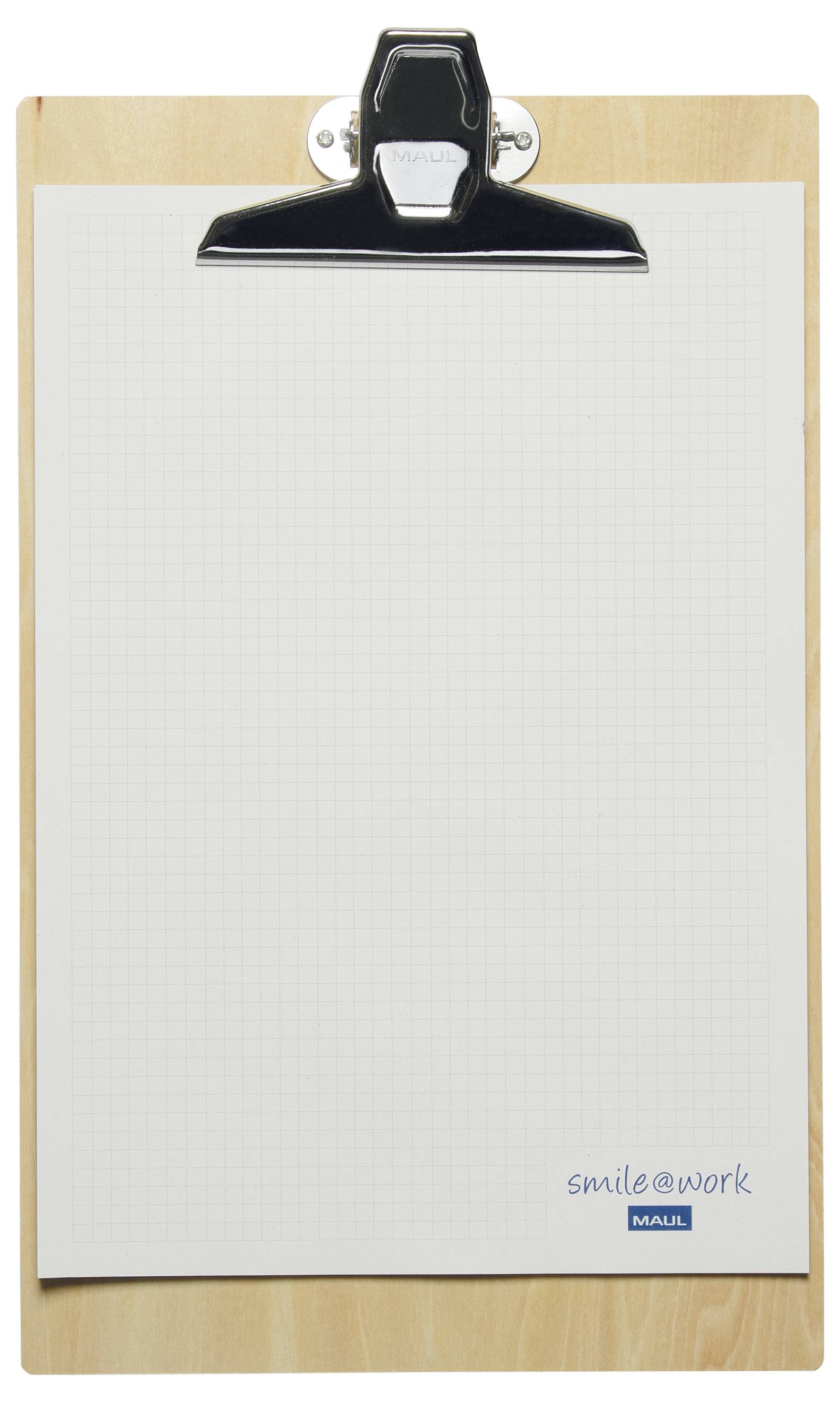 Ein Klemmbrett aus Holz, das ein Blatt Karopapier hält, mit dem Aufdruck 