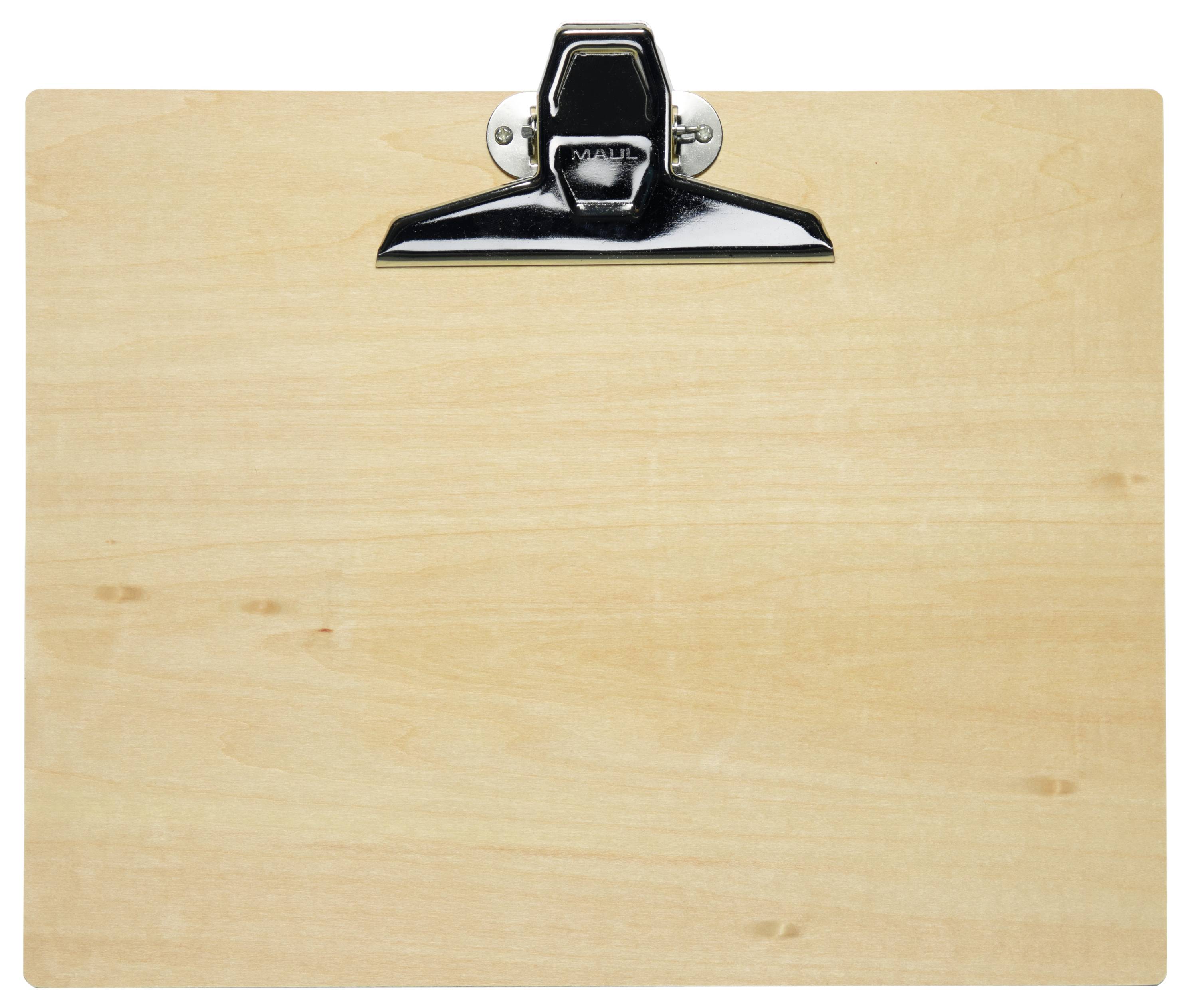 Eine Holz-Klemmbrett mit einer Metallklammer am oberen Ende, verwendet zum Festhalten von Papieren.