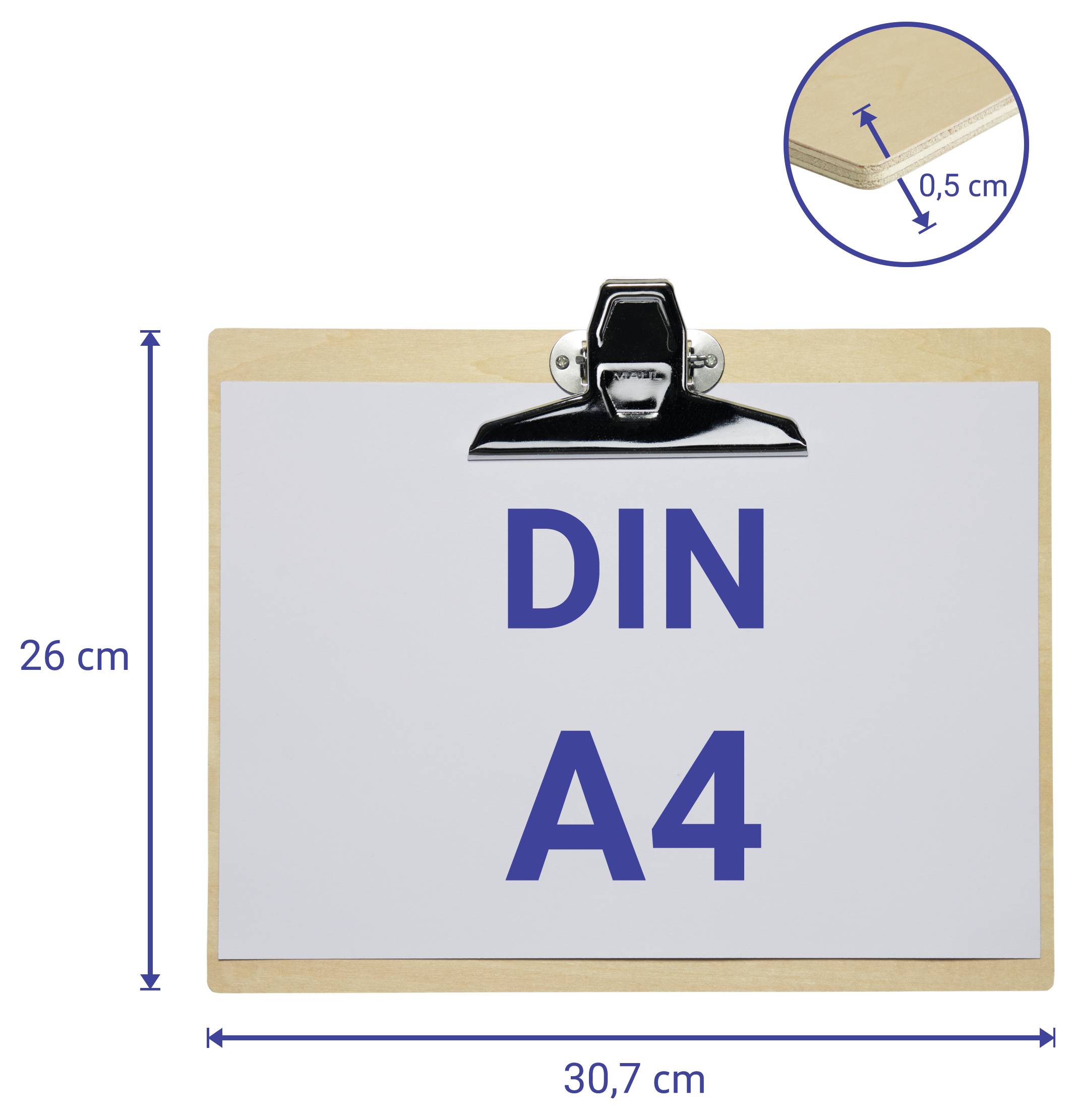 Klemmbrett mit DIN A4-Papier, das folgende Abmessungen zeigt: 30,7 cm breit, 26 cm hoch mit einem 0,5 cm dicken Träger.