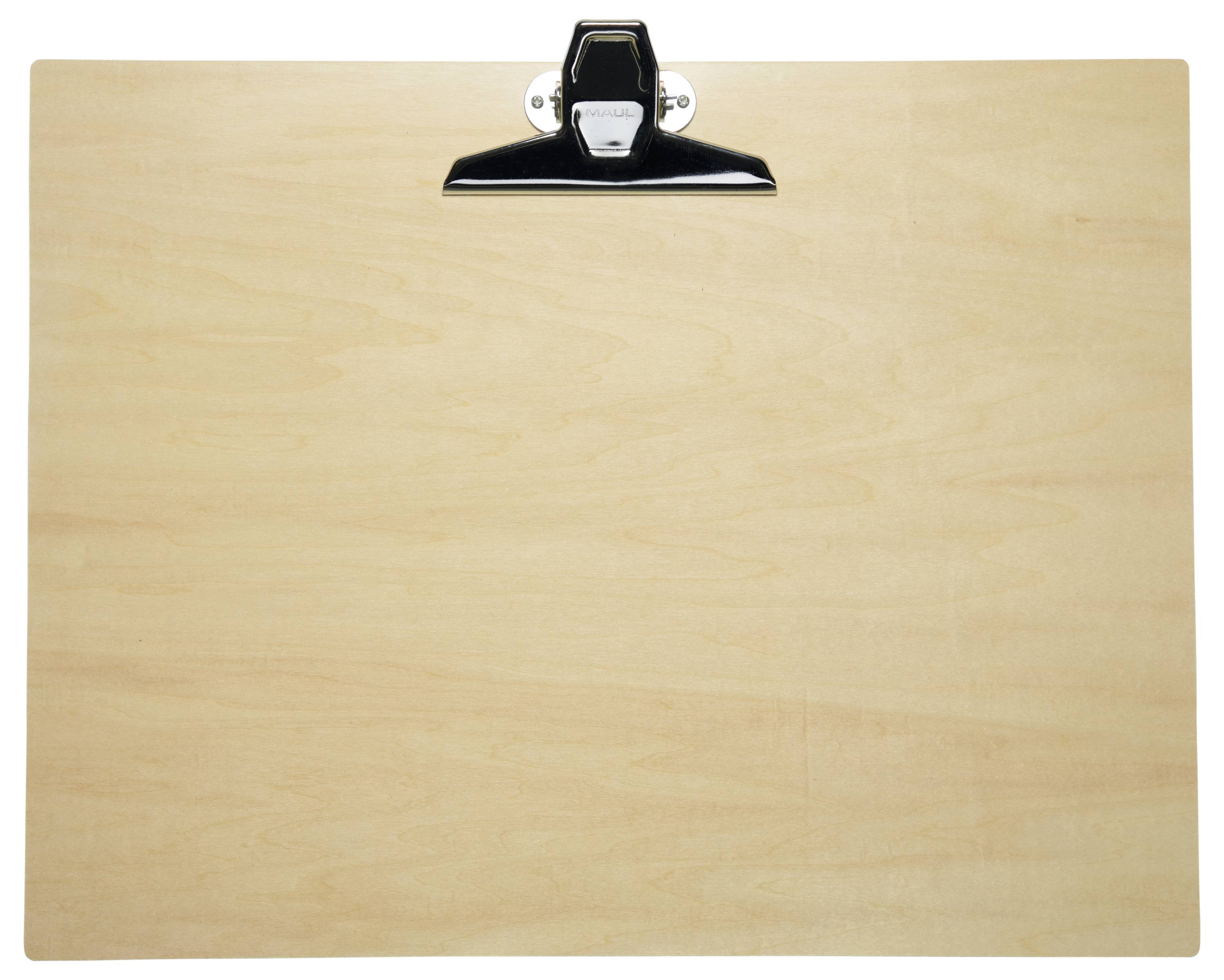 Eine Holzklemmbrett mit einer in der Mitte befestigten Metallklammer, vor einem einfarbigen Hintergrund.