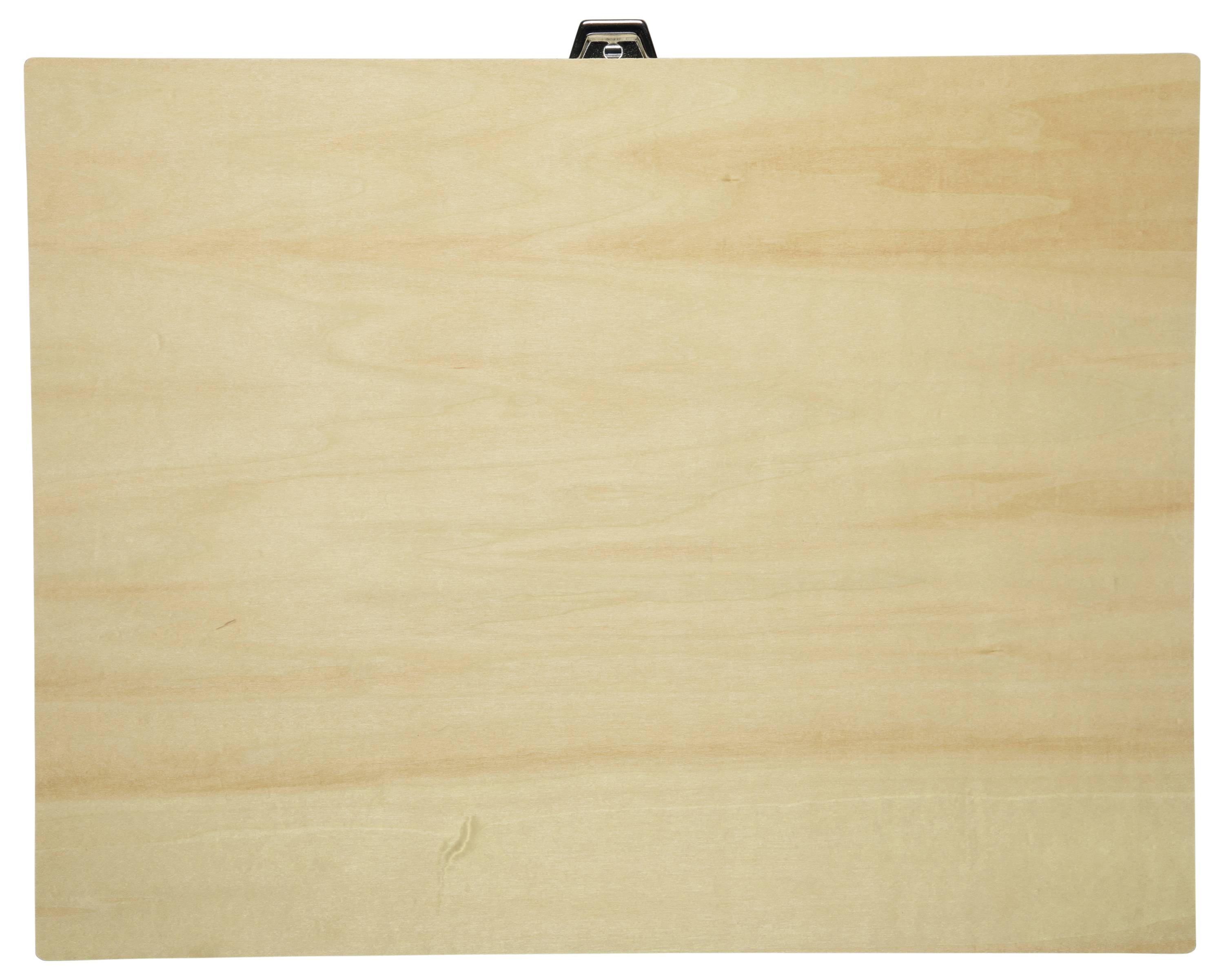 Ein rechteckiges Holzklemmbrett mit einer Metallklammer oben, das vor einem weißen Hintergrund präsentiert wird.