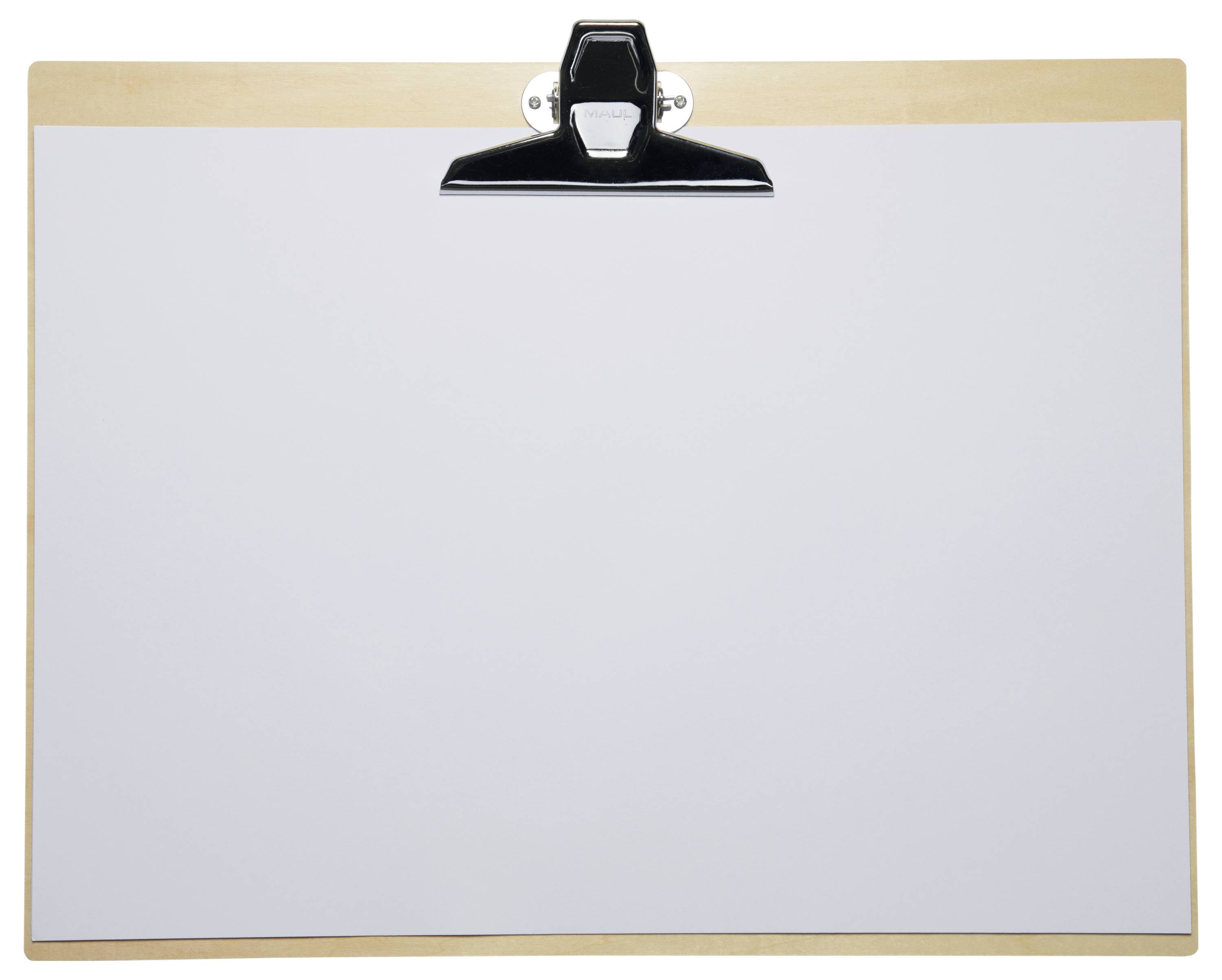 Eine leere Klemmbrett mit einem Holzrahmen und einer schwarzen Klammer oben, geeignet zum vertikalen Halten von Papieren.