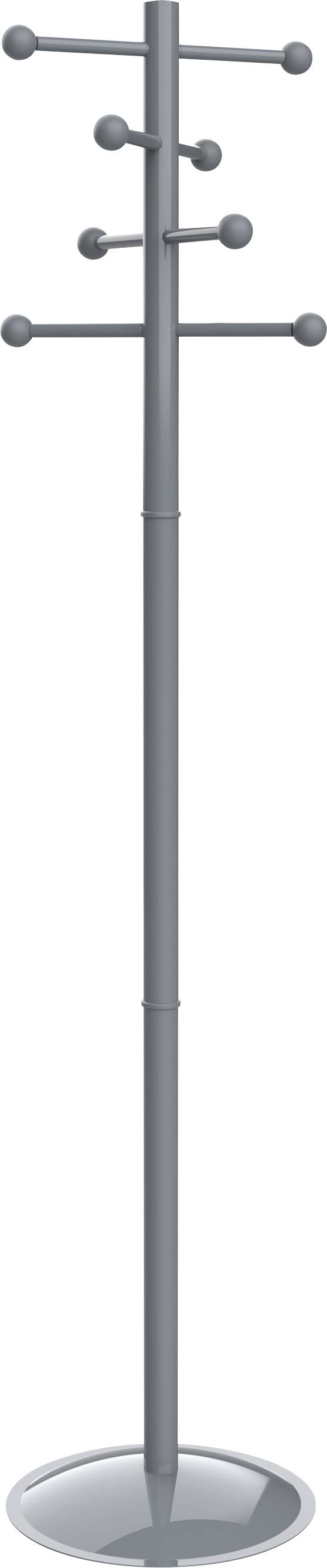 Ein hoher, grauer, freistehender Garderobenständer mit mehreren rundlichen Haken in verschiedenen Höhen, konzipiert zum Aufhängen von Mänteln und Accessoires.