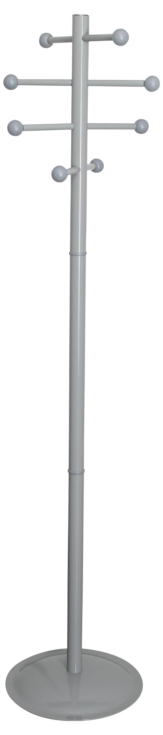Ein silberner Garderobenständer mit einer runden Basis und acht kugelförmigen Haken, die in zwei Ebenen zum Aufhängen von Gegenständen angeordnet sind.