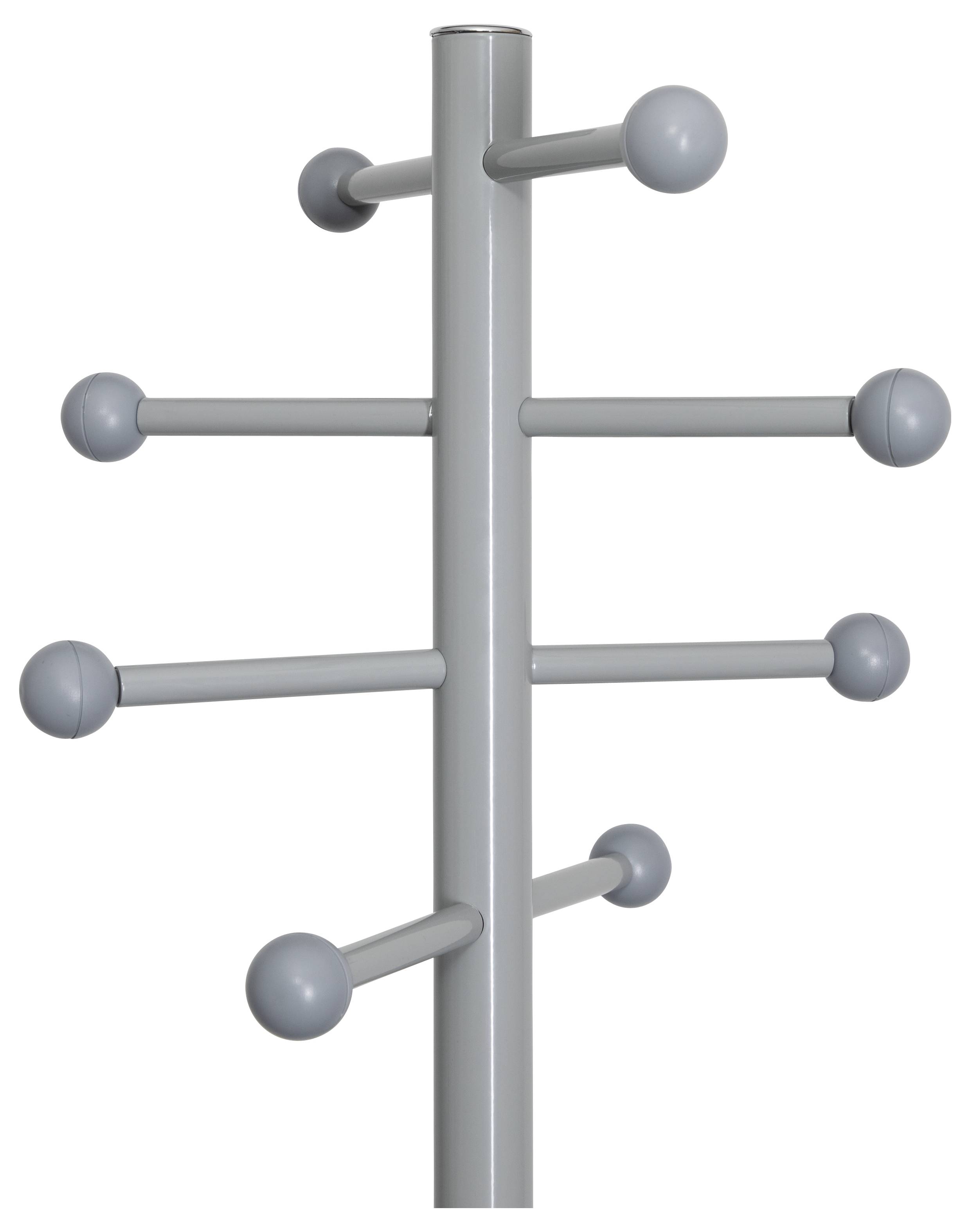 Grauer Metallkleiderhaken mit fünf horizontalen Armen, die jeweils mit einer runden Knauf gekrönt sind, vor einem schlichten weißen Hintergrund.