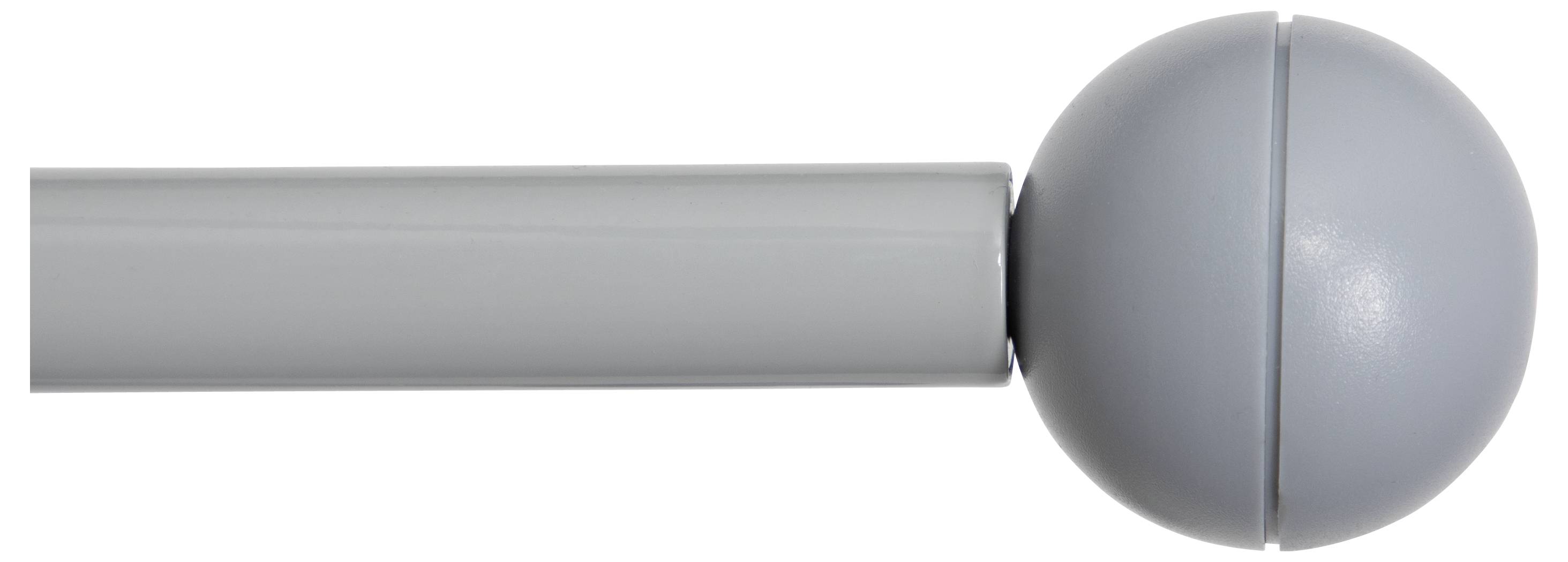 Eine silberne Gardinenstange mit einer kugelförmigen Endkappe.