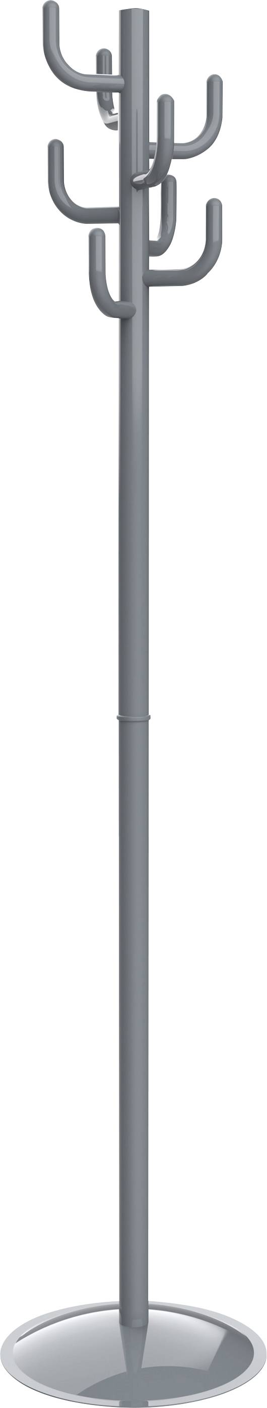 Ein schlanker, moderner grauer Kleiderständer mit mehreren Haken und einer runden Basis.