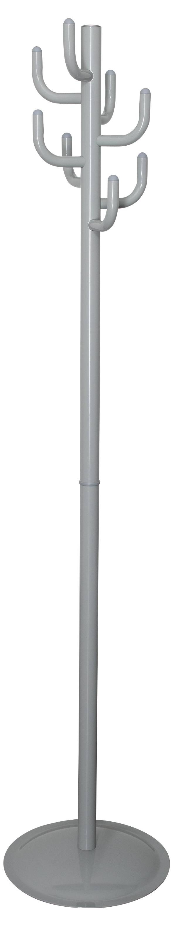 Ein silberner, freistehender Kleiderständer mit mehreren Haken, die von einem zentralen Holm auf einer kreisförmigen Basis abzweigen.