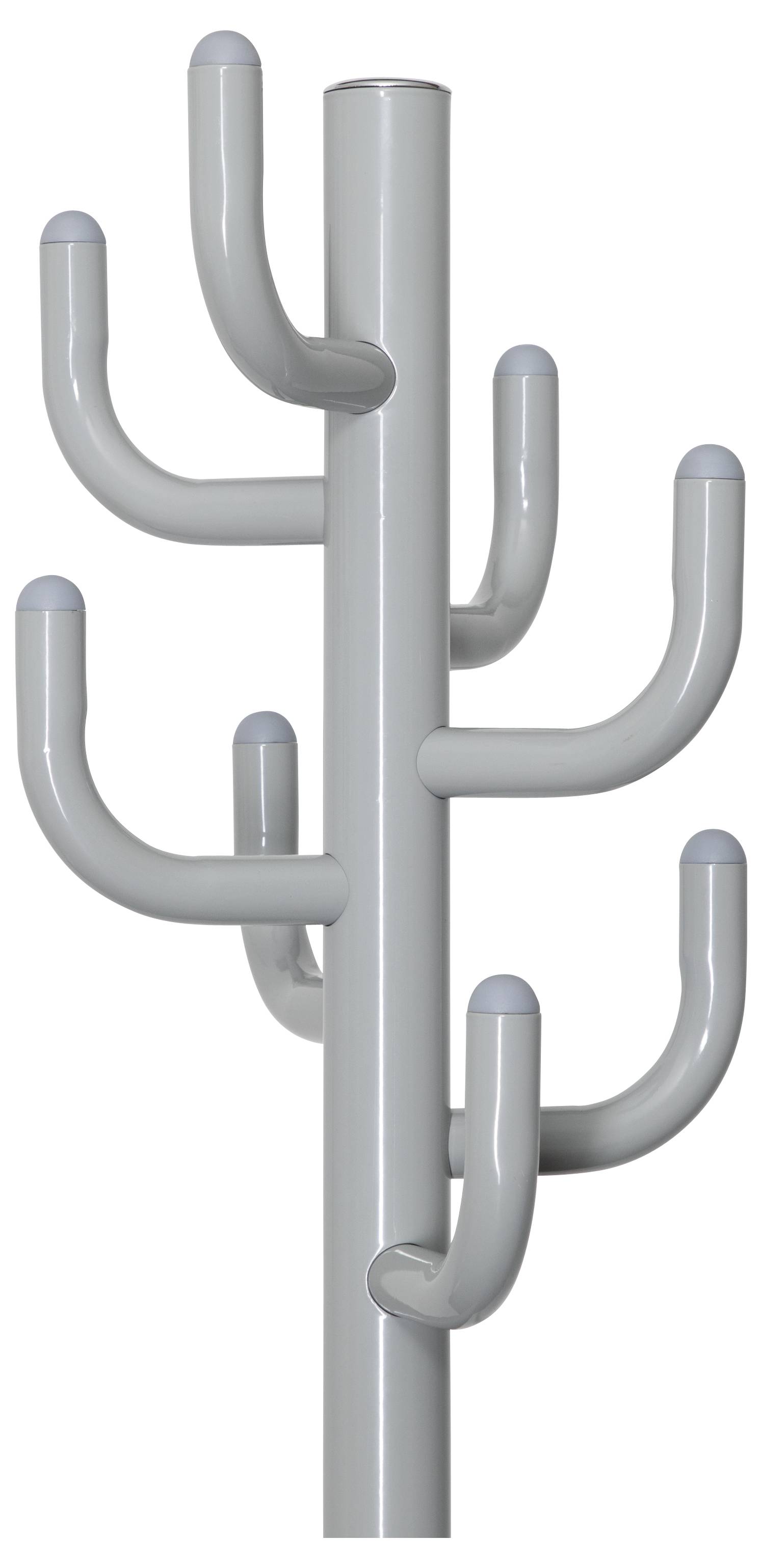 Grauer Garderobenständer mit mehreren geschwungenen Haken, zum Aufhängen von Gegenständen konzipiert, vor einem schlichten weißen Hintergrund.