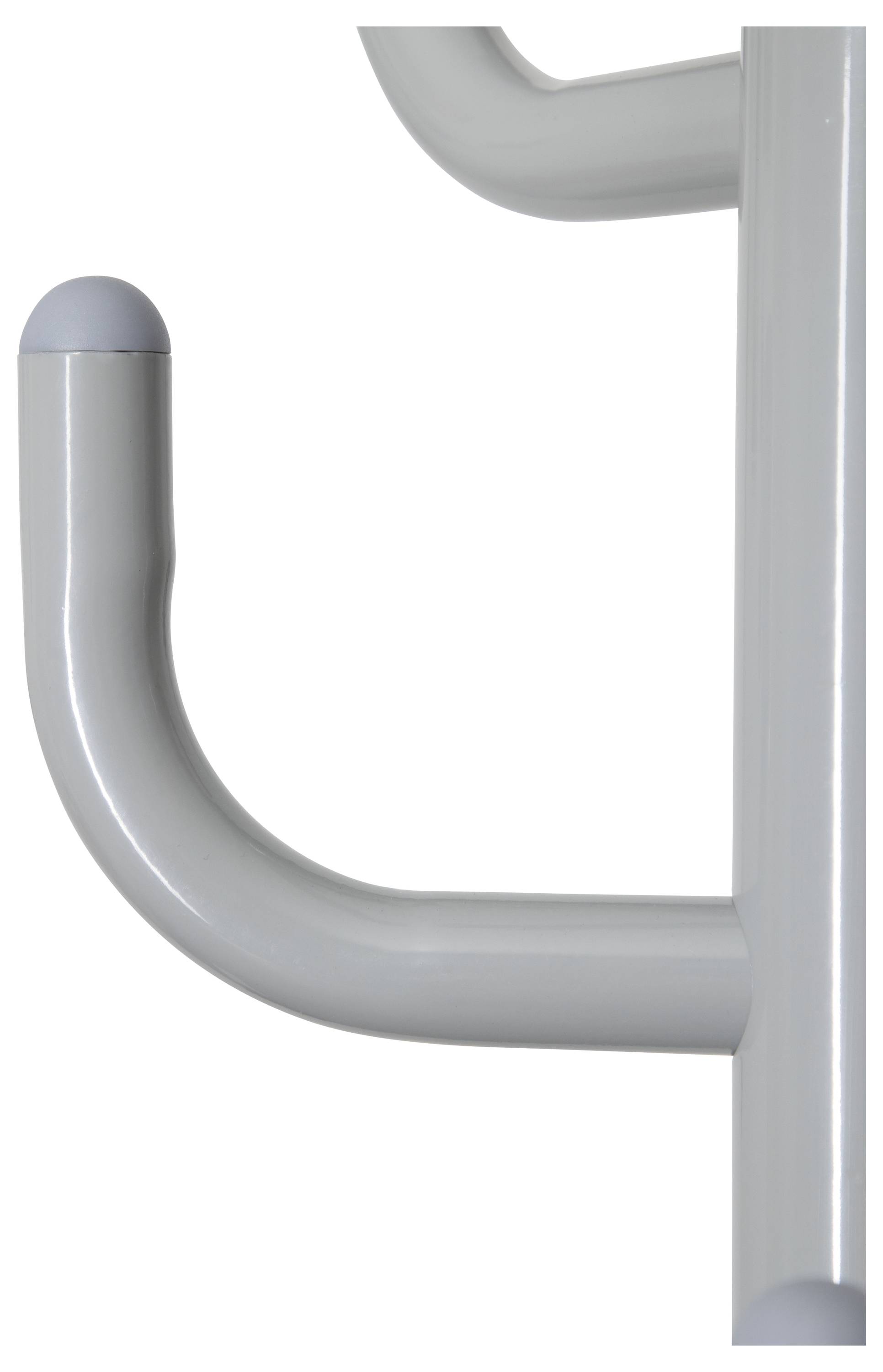 Nahaufnahme eines hellgrauen, vertikalen zylindrischen Pfahls mit mehreren kurzen, abgerundeten horizontalen Haken, die sich verzweigen.