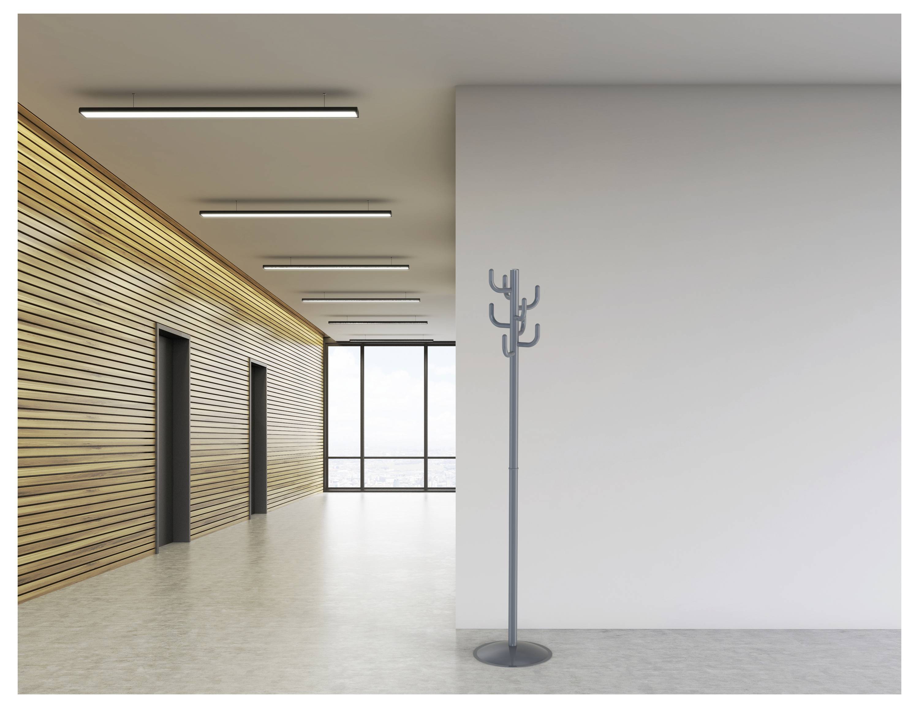 Eine minimalistische Inneneinrichtung zeigt einen Kleiderständer an einer weißen Wand, mit holzvertäfelten Akzenten und Deckenleuchten, die zu einem Fenster führen.