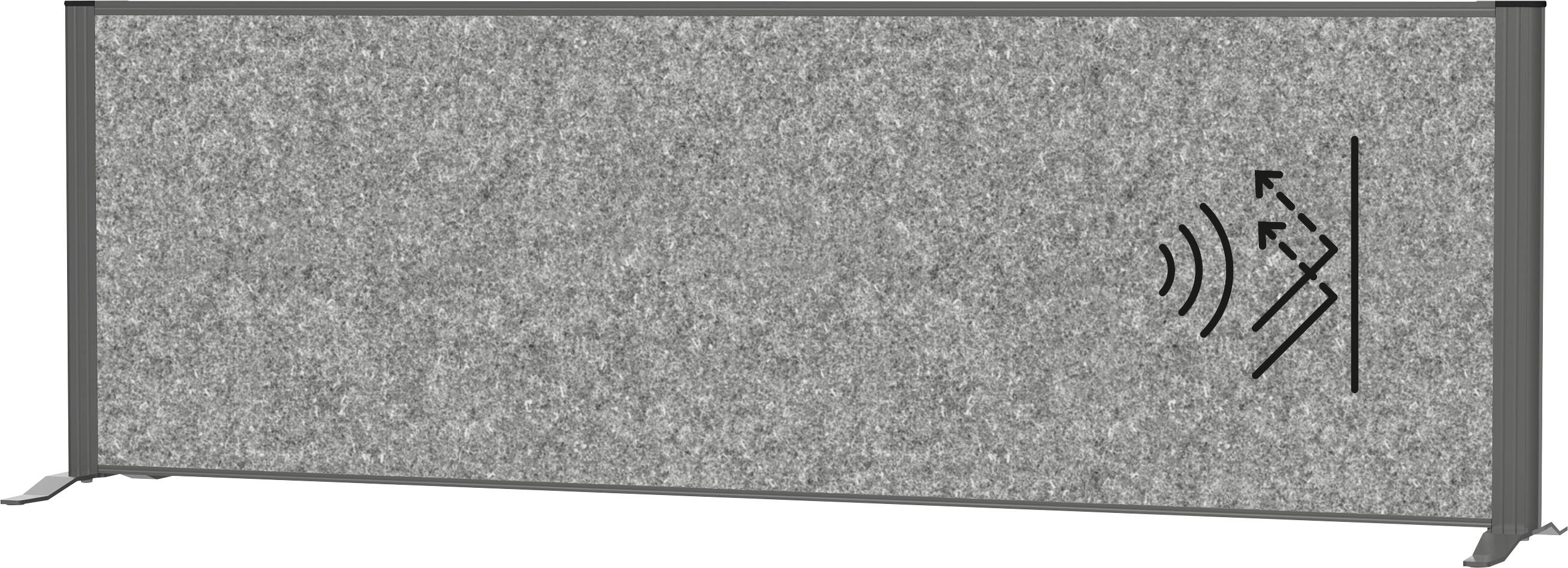 Ein rechteckiger grauer strukturierter Raumteiler mit einem Schallabsorptionssymbol auf der rechten Seite.