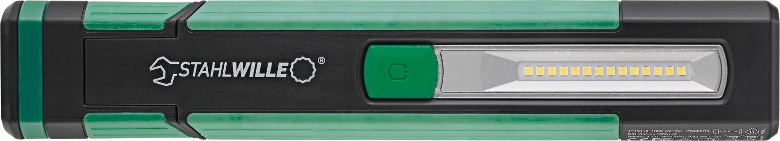 Eine grüne und schwarze tragbare LED-Arbeitsleuchte mit dem Schriftzug 'STAHLWILLE' an der Seite, ausgestattet mit einem zentralen Lichtstreifen und einem Einschaltknopf.