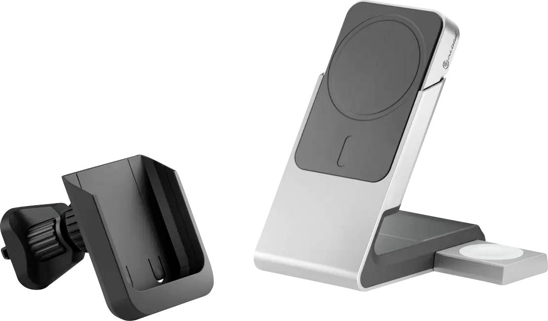 Ein silberner und schwarzer Telefonständer mit einer drahtlosen Ladestation und einem zusätzlichen Halter. Das Design wirkt modern und minimalistisch.