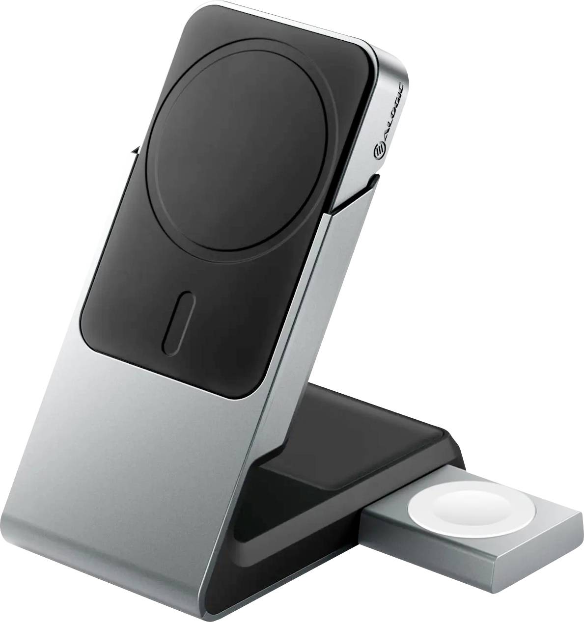 Ein schlanker, abgewinkelter drahtloser Ladeständer mit einem MagSafe-kompatiblen Pad und einer kleinen, ausfahrbaren Basis zum Laden eines Smartwatch-Geräts.