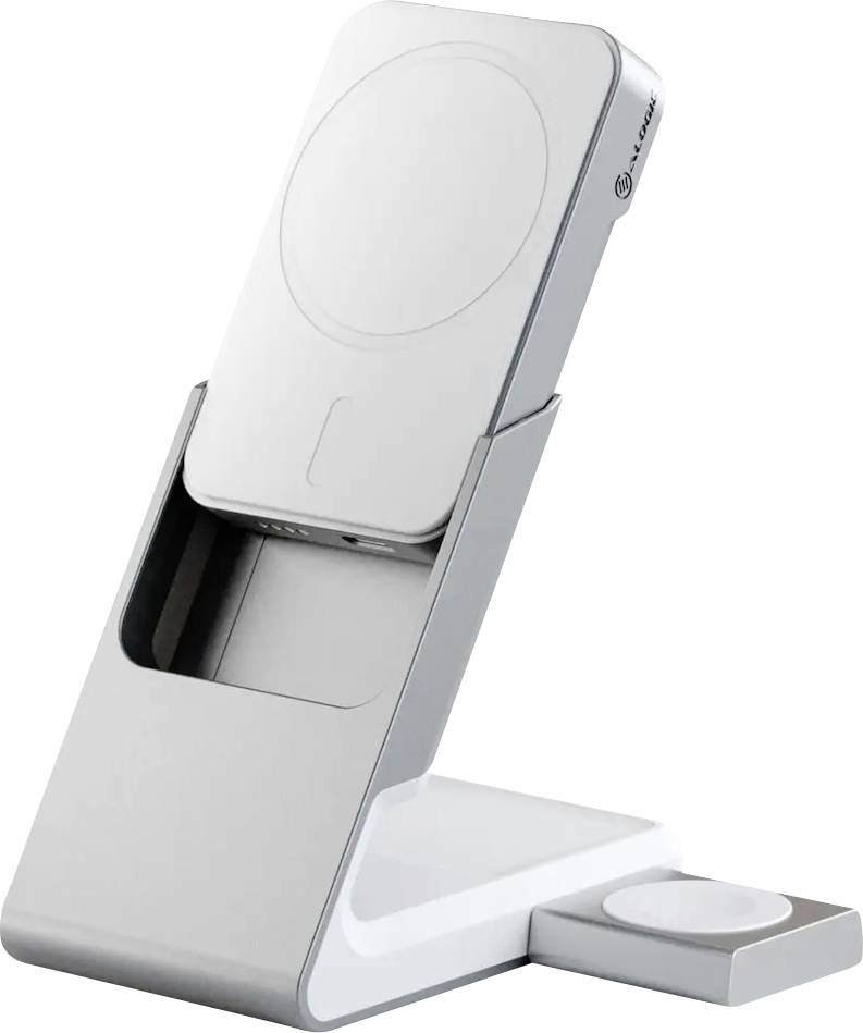 Ein moderner, weiß-grauer Ladeständer, entwickelt für Smartphones und Smartwatches, mit einer eleganten, vertikalen Konstruktion für effizientes Aufladen.