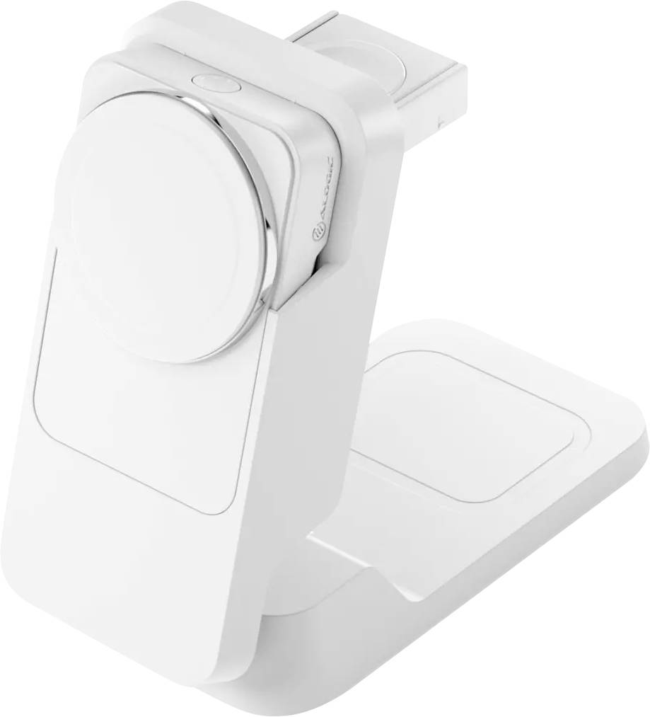 Ein weißer, vertikaler Ladedock für elektronische Geräte mit einer runden Ladestation und einer quadratischen Basis, entwickelt für bequemes Laden.
