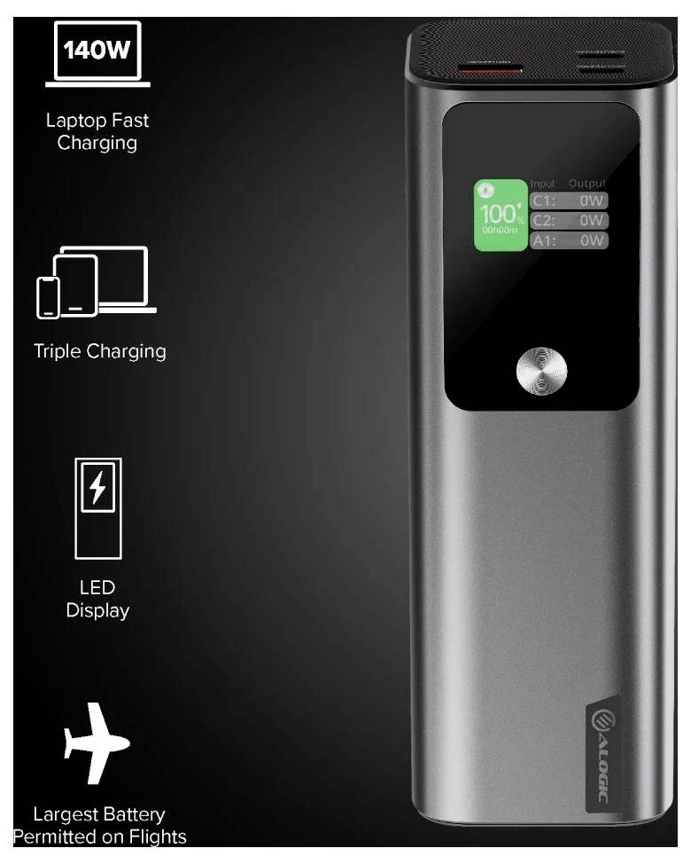 Tragbares Ladegerät mit '140W Laptop-Schnellladung', 'Dreifach-Laden', LED-Display, für Flüge zugelassen, größte erlaubte Batterie.