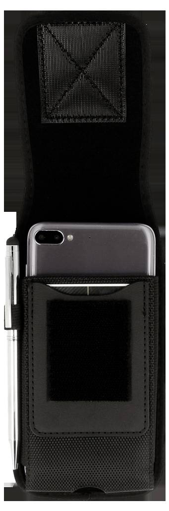 Handy in einem schwarzen Ledertasche mit Klappe, Halterung für einen Stift an der Seite und einem Verschlussriemen, konzipiert zum Befestigen an einem Gürtel.