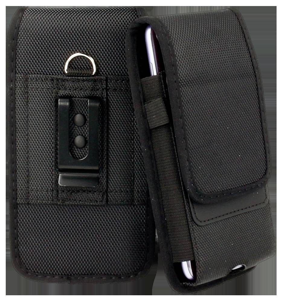 Zwei schwarze Nylon-Handyhüllen mit Gürtelclips, eine zeigt die vordere Klappe teilweise geöffnet und gibt einen Blick auf ein Handy im Inneren, die andere zeigt die Rückseite mit einem Metall-D-Ring und Gürtelclip.