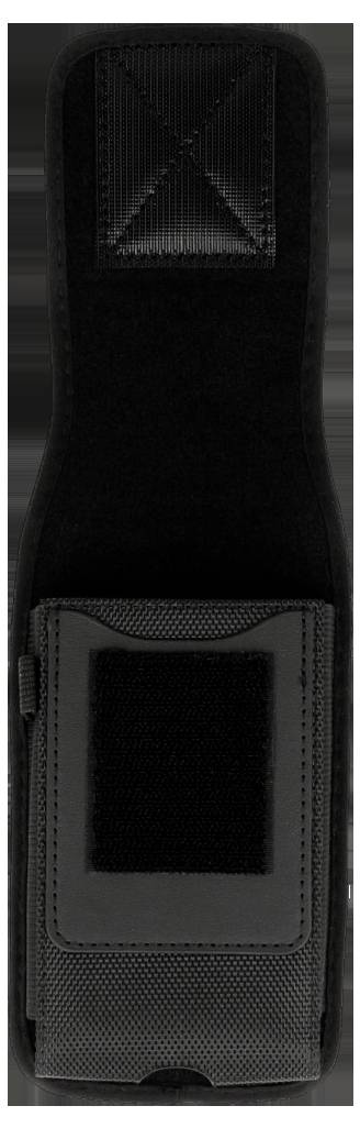Eine schwarze Nylon-Funkgerätetasche mit Klettverschluss, entwickelt, um ein Funkgerät sicher zu halten und zu schützen.