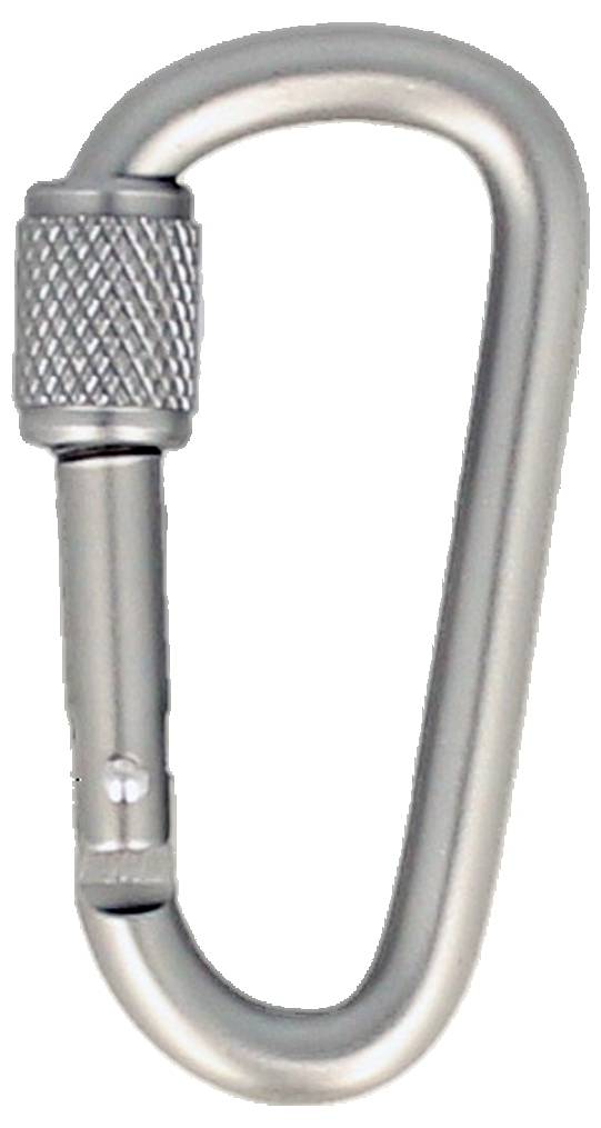 Ein silberner Karabiner mit Schraubverschluss wird vor einem einfarbigen Hintergrund gezeigt, verwendet zum Sichern von Kletterausrüstung oder anderen Gegenständen.