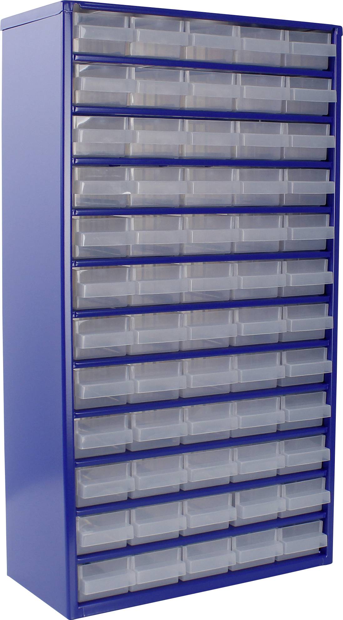 Ein blauer Aufbewahrungsschrank mit mehreren transparenten Schubladen, der zur Organisation von kleinen Gegenständen oder Werkzeugen verwendet wird.