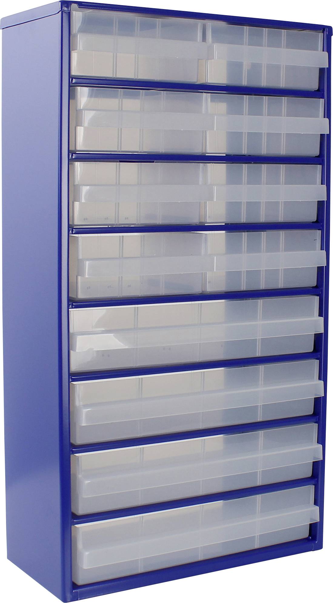 Ein blauer Aufbewahrungsschrank mit zwölf transparenten Schubfächern, der zum Organisieren kleiner Gegenstände verwendet wird. Der Schrank ist hoch und rechteckig.