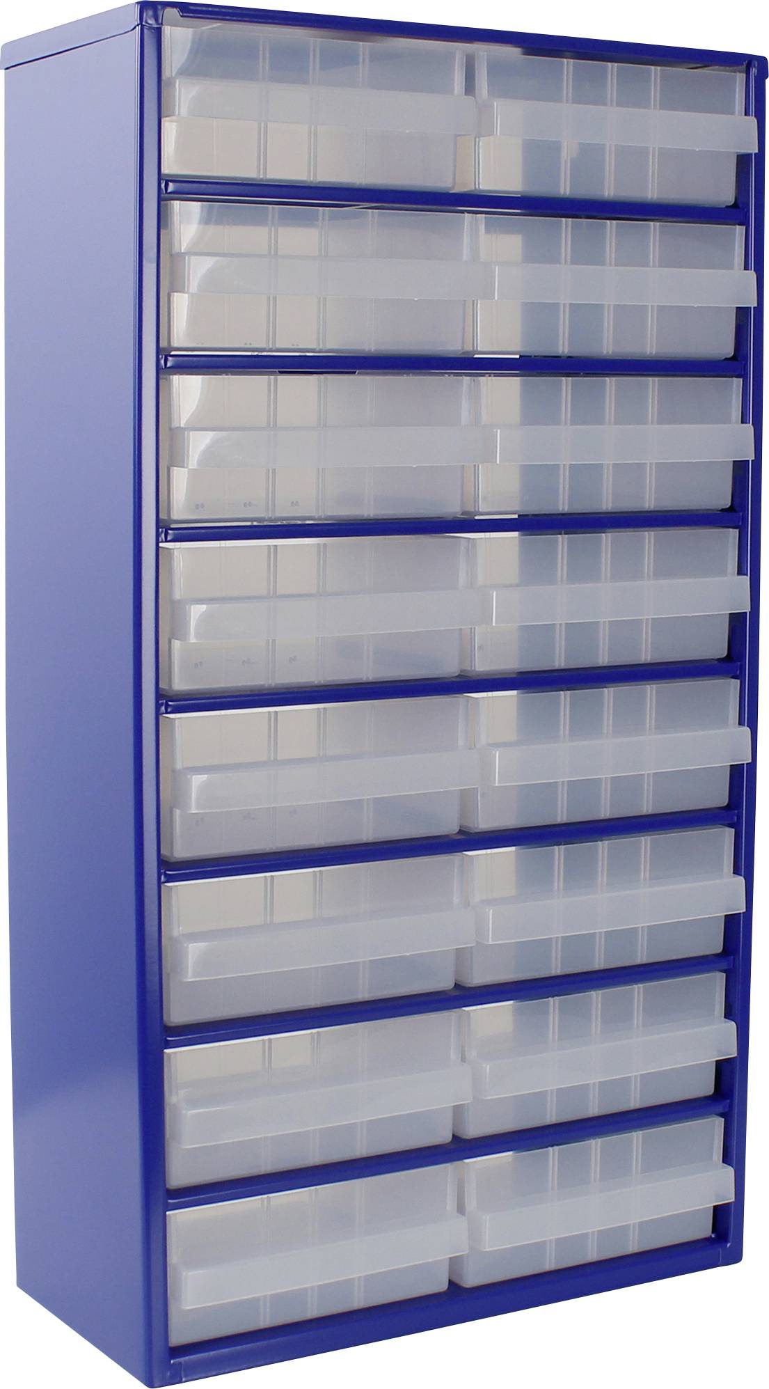 Ein hoher blauer Schrank mit 15 transparenten Schubladen, entwickelt zur Organisation von Kleinteilen. Ideal für Büro- oder Werkstattnutzung.