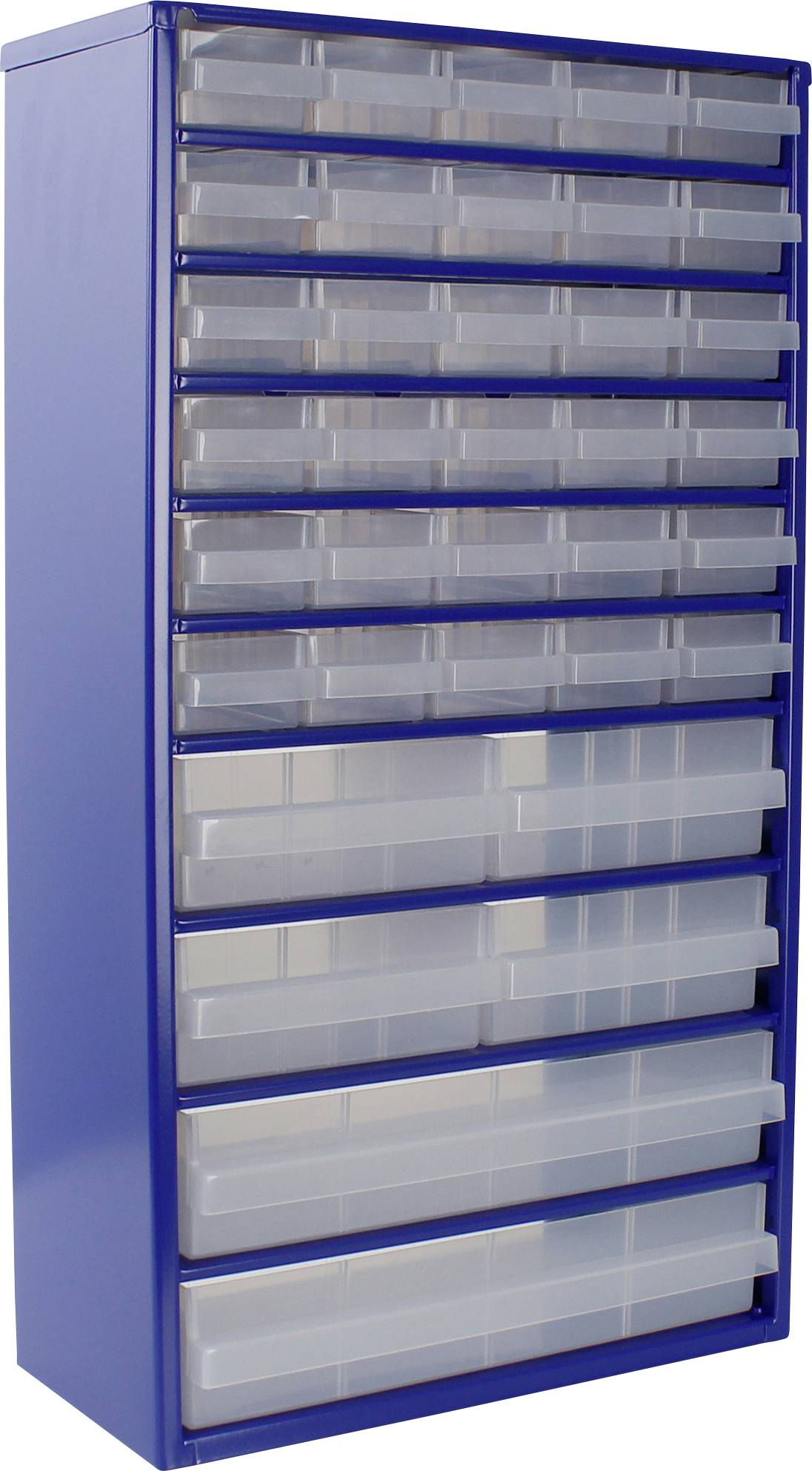 Ein hoher blauer Aufbewahrungsschrank mit mehreren transparenten Schubladen zur Organisation kleiner Gegenstände.