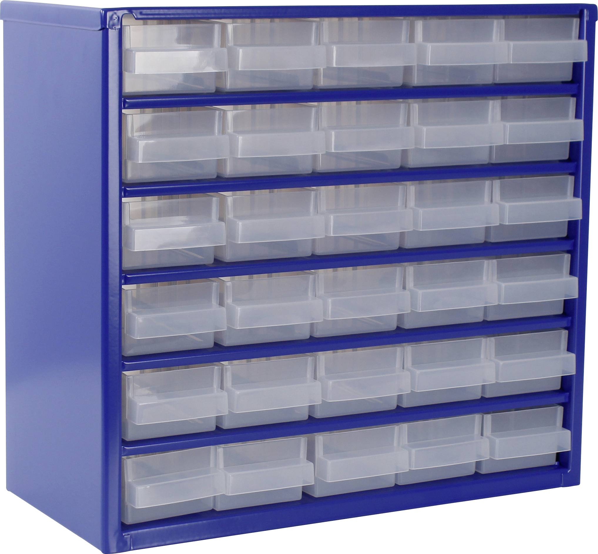 Ein blauer modularer Organizer mit mehreren Reihen transparenter Auszugschubladen, der zum Sortieren und Aufbewahren kleiner Gegenstände wie Schrauben oder Perlen verwendet wird.