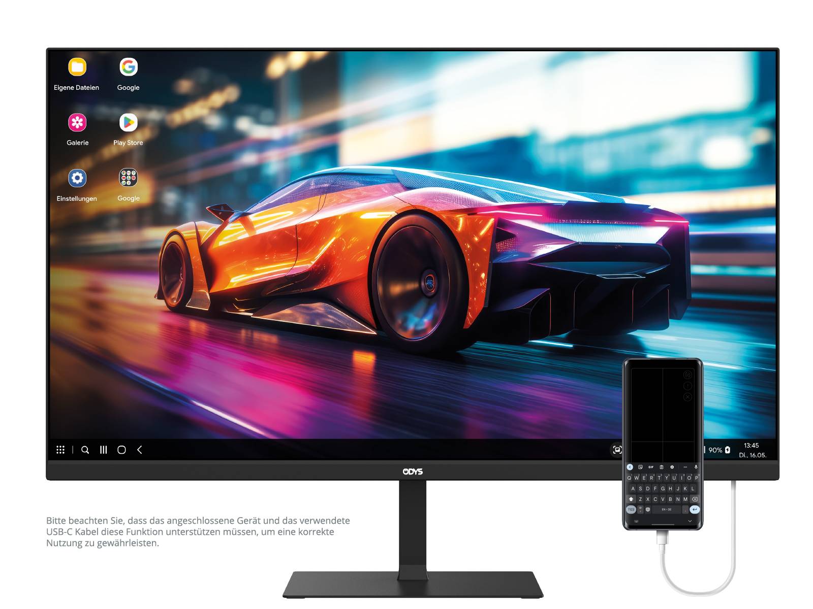 Ein Computermonitor zeigt ein lebendiges Bild eines orangefarbenen Sportwagens auf einer futuristischen Strecke. Ein darunter angeschlossenes Smartphone zeigt einen gespiegelten Bildschirm.