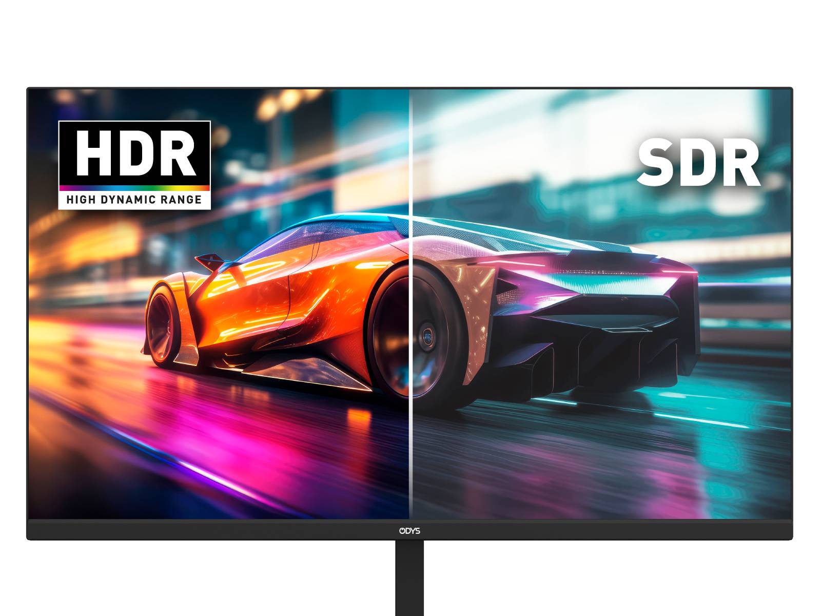 Ein Sportwagen auf einer Straße, links mit HDR und leuchtenden Farben dargestellt, rechts mit SDR und gedämpften Tönen.