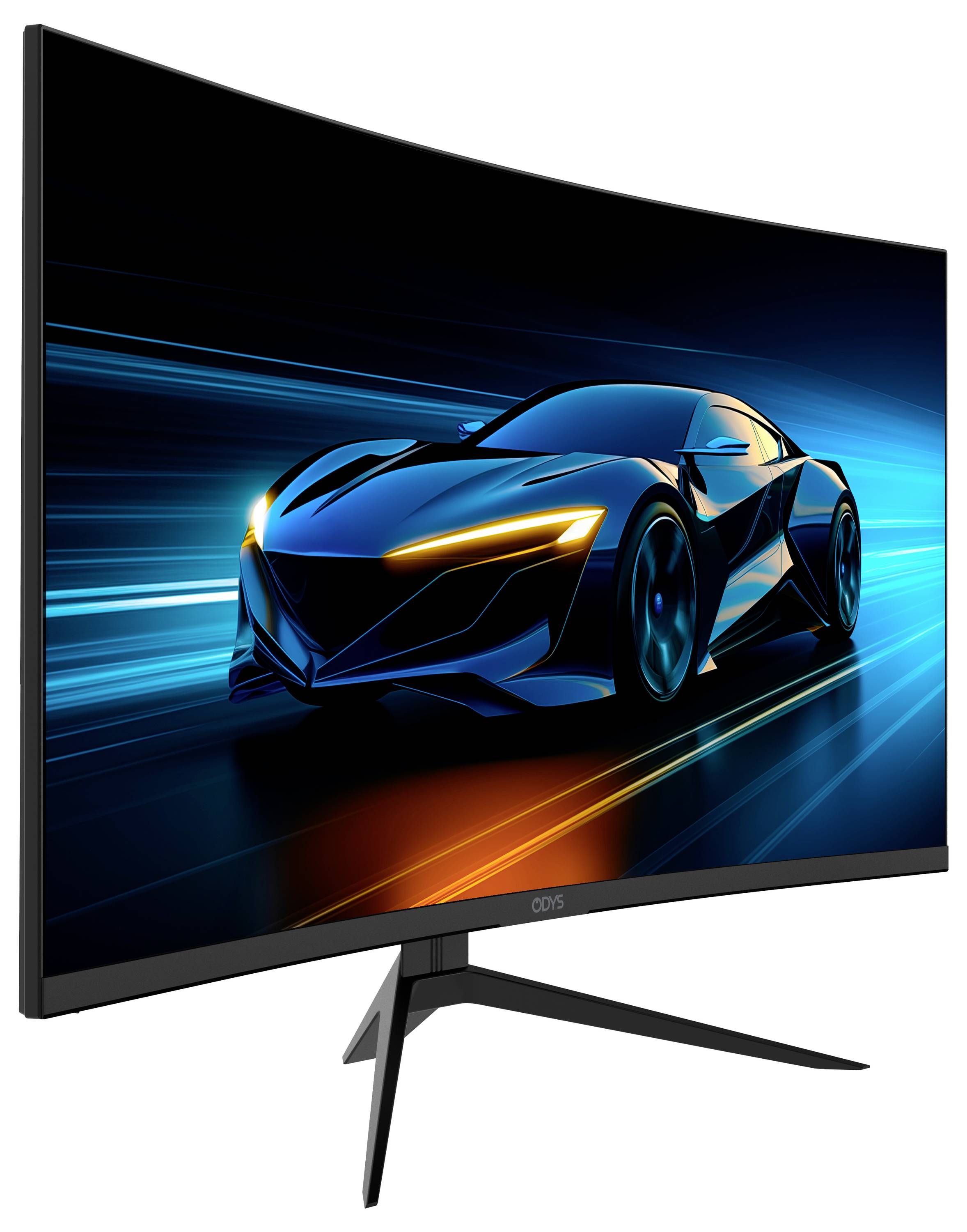 Ein gebogener Gaming-Monitor, der ein Bild eines schlanken, futuristischen Autos zeigt, das durch eine neonbeleuchtete digitale Landschaft beschleunigt.