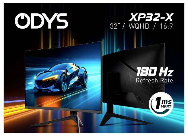 'ODYS XP32-X' monitor advertisement showing a sports car on the screen, highlighting features: 32-inch size, WQHD, 16:9, 180 Hz refresh rate, 1 ms MPRT.