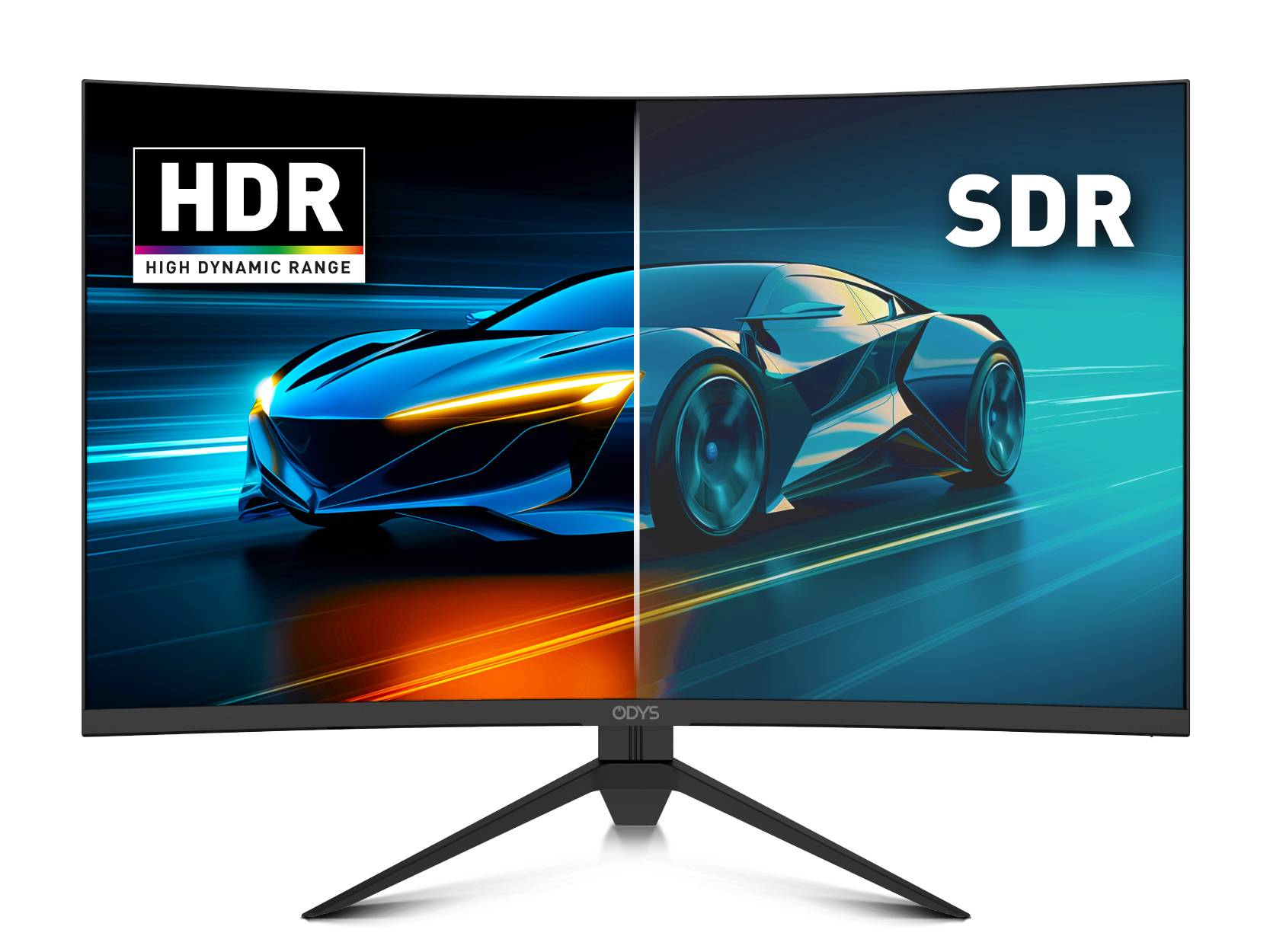 Ein gekrümmter Monitor, der ein Auto zeigt; linke Seite mit 'HDR' präsentiert lebendige Farben, rechte Seite mit 'SDR' zeigt matte Farben und verdeutlicht den HDR-Effekt.