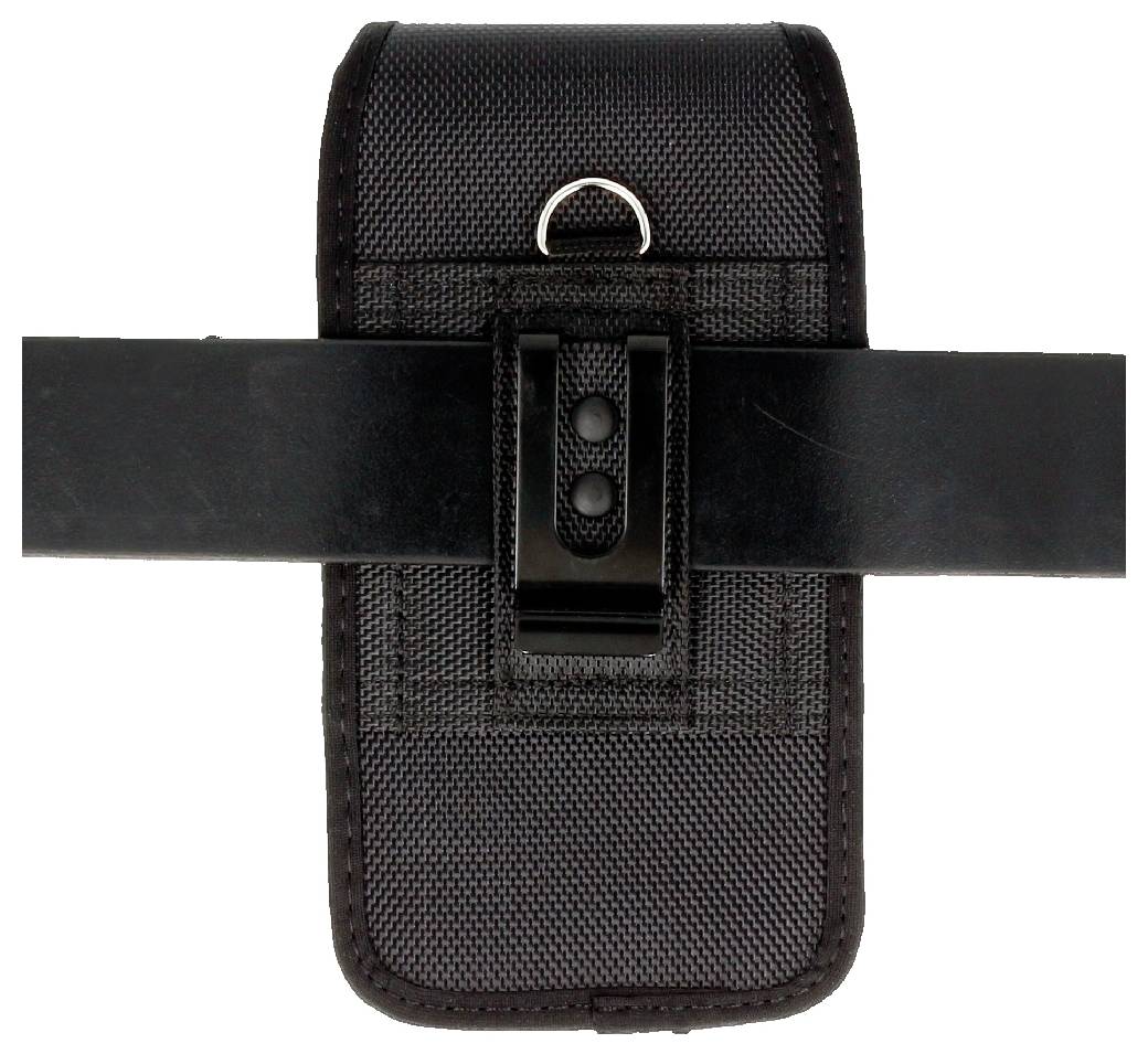 Ein schwarzer Stoff-Handyhalter mit einer Metallklammer und einer Gürtelschlaufe, entwickelt für eine sichere Befestigung an einem Gürtel oder Riemen.