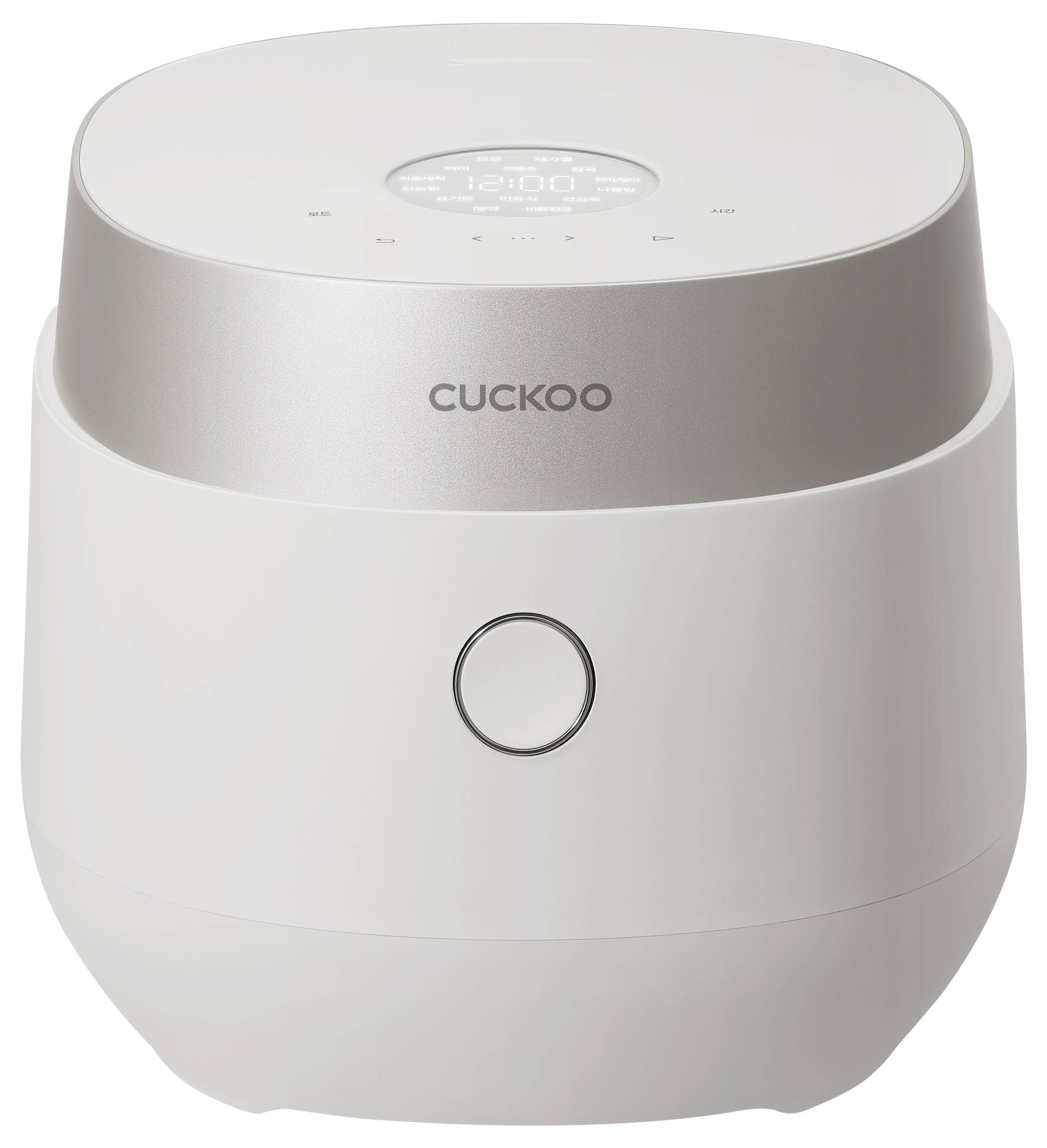 Ein moderner weißer elektrischer Reiskocher mit digitalem Display auf der Oberseite, auf dessen Vorderseite der Markenname 'Cuckoo' zu sehen ist.
